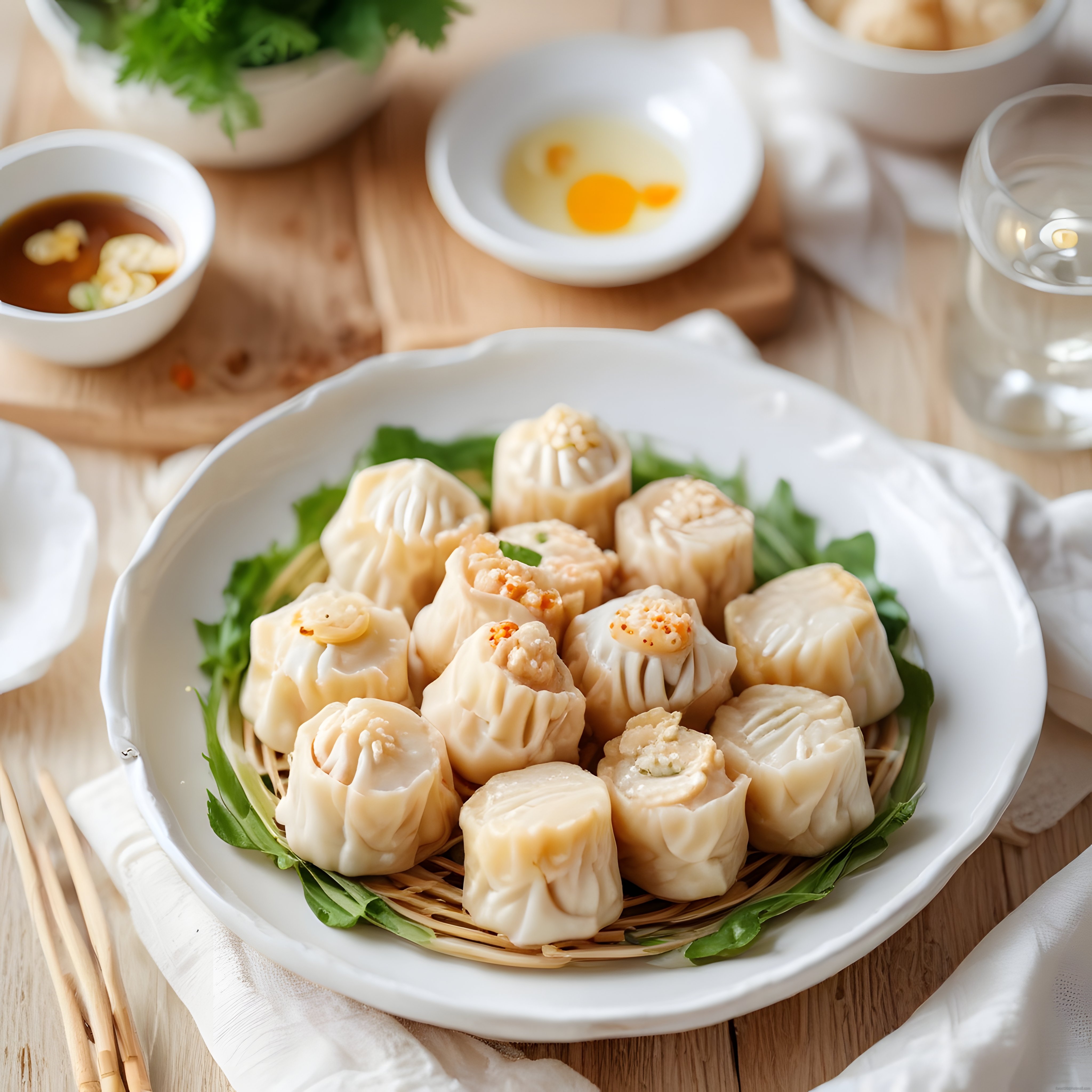 Beyaz Porselen Kapta Sunulan Buharda Pişmiş Dim Sum Mantıları ve Asya Mutfağı Sunumu