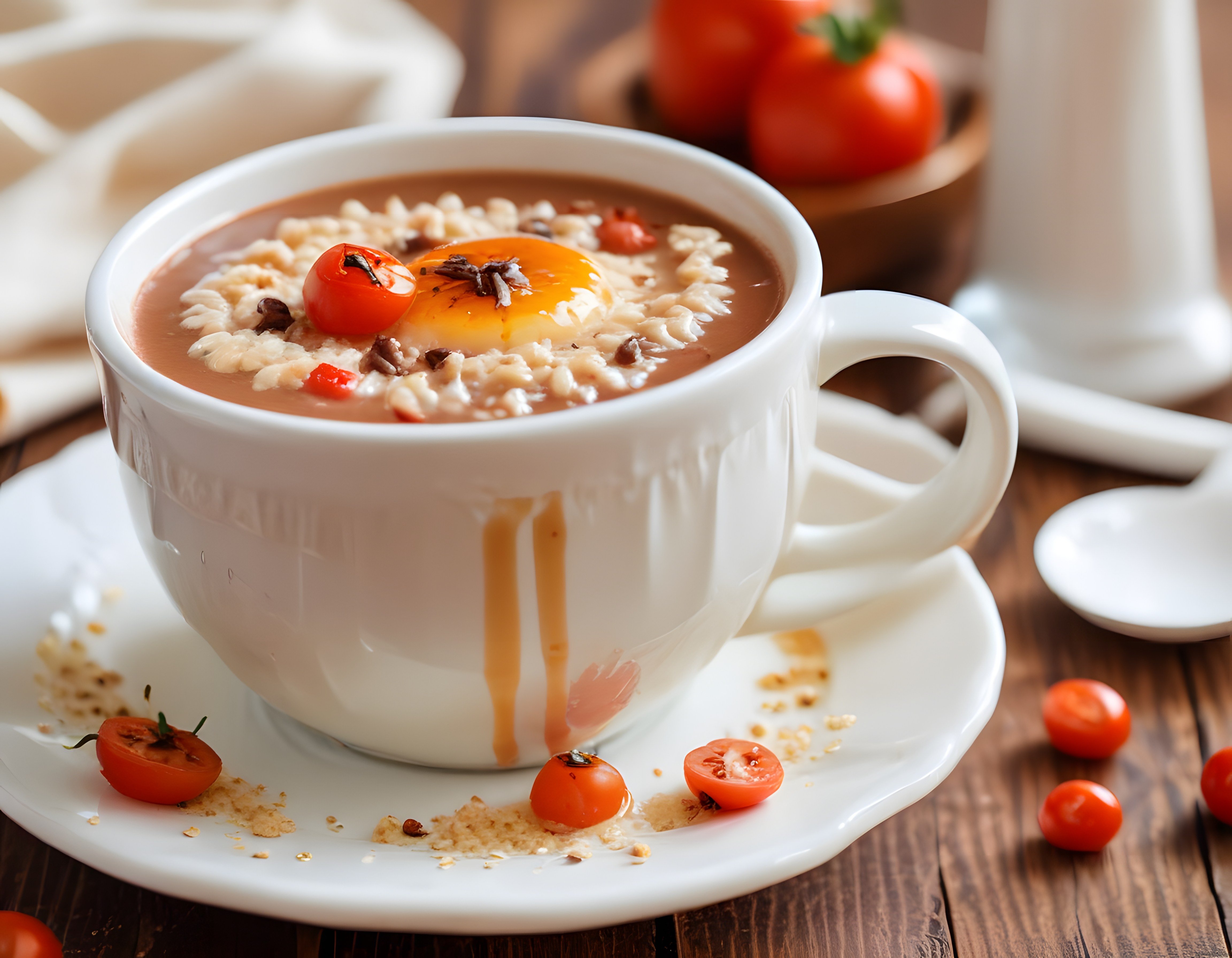 Beyaz Porselen Kupta Peynirli Domatesli ve Yumurtalı Sıcak Çorba Sunumu