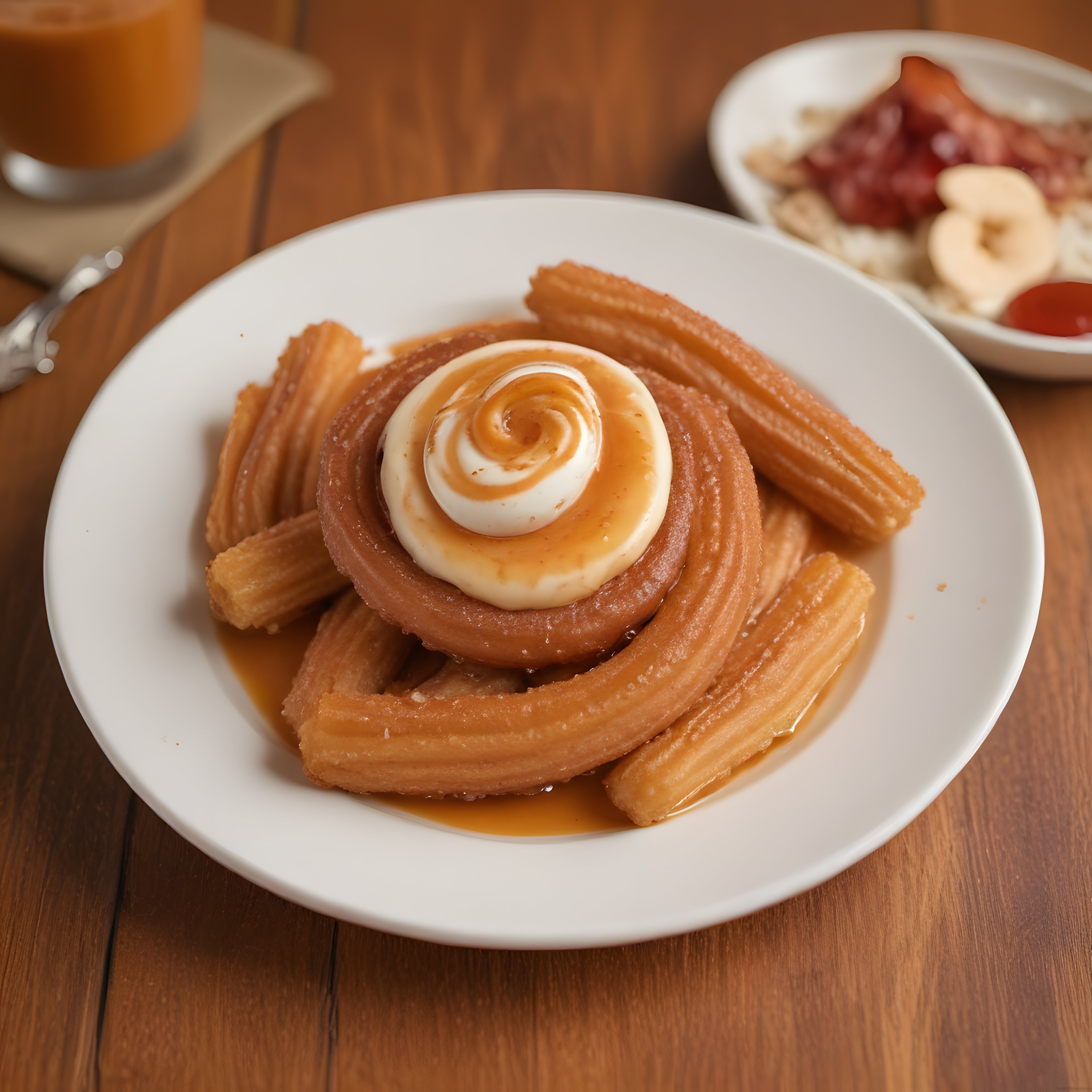 Beyaz Porselen Tabağında Karamel ve Krema ile Süslenmiş Churros Tatlısı