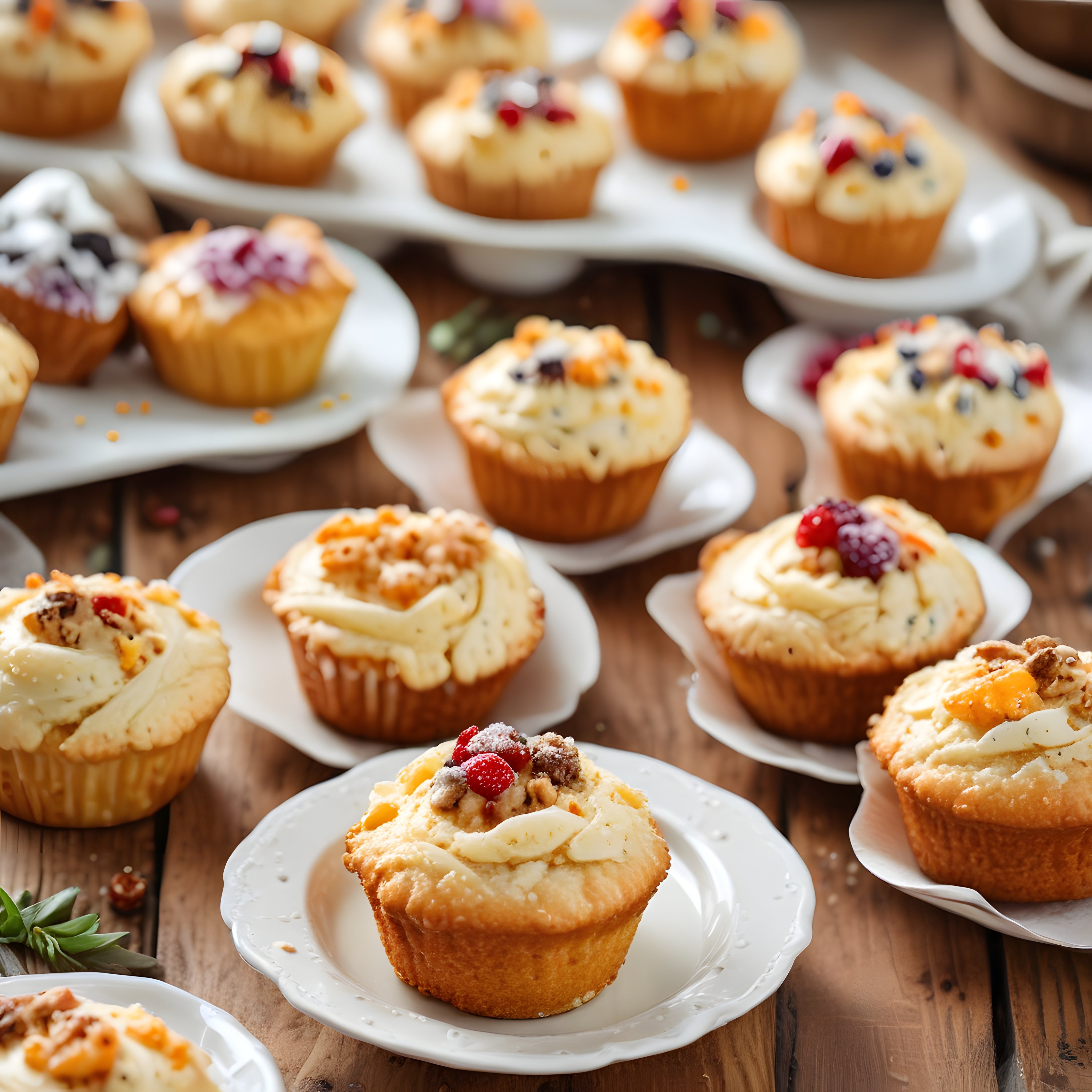 Beyaz porselen tabaklarda sunulan kremalı ve meyveli cupcake çeşitleri