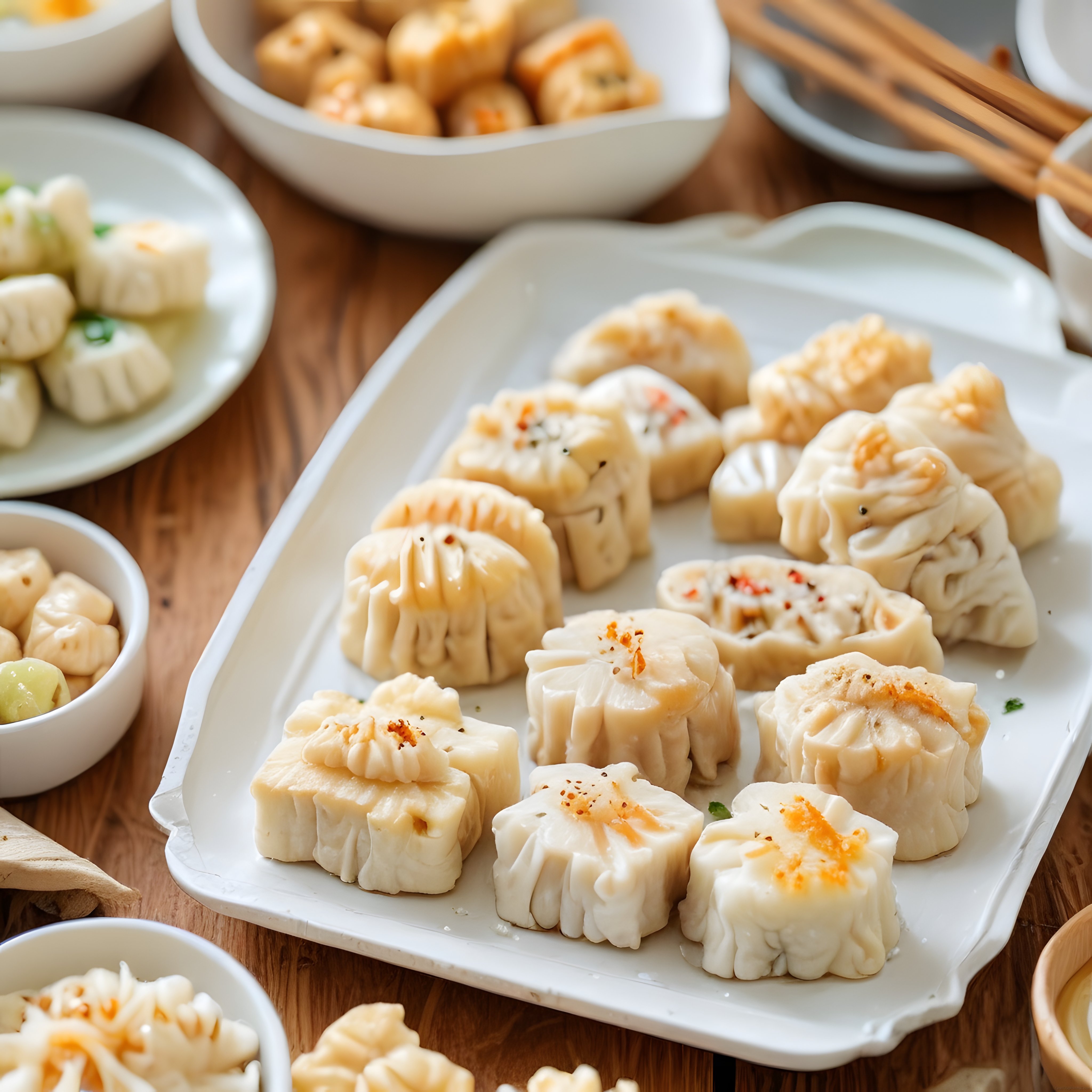 Beyaz Porselen Tabakta Çeşitli Buharda Pişmiş Asya Mantıları ve Dim Sum Sunumu