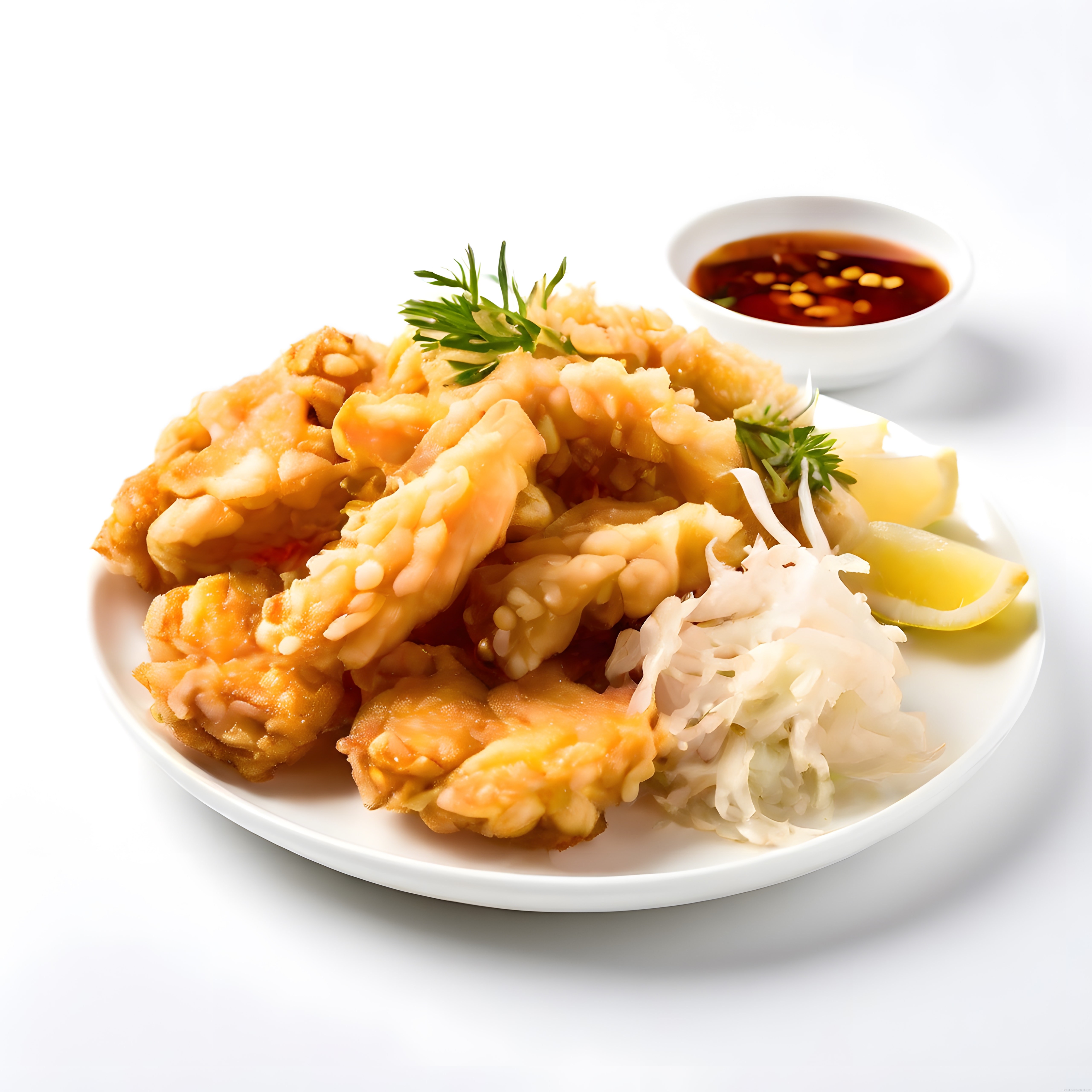 Beyaz Porselen Tabakta Çıtır Karides Tempura ve Özel Sos Eşliği