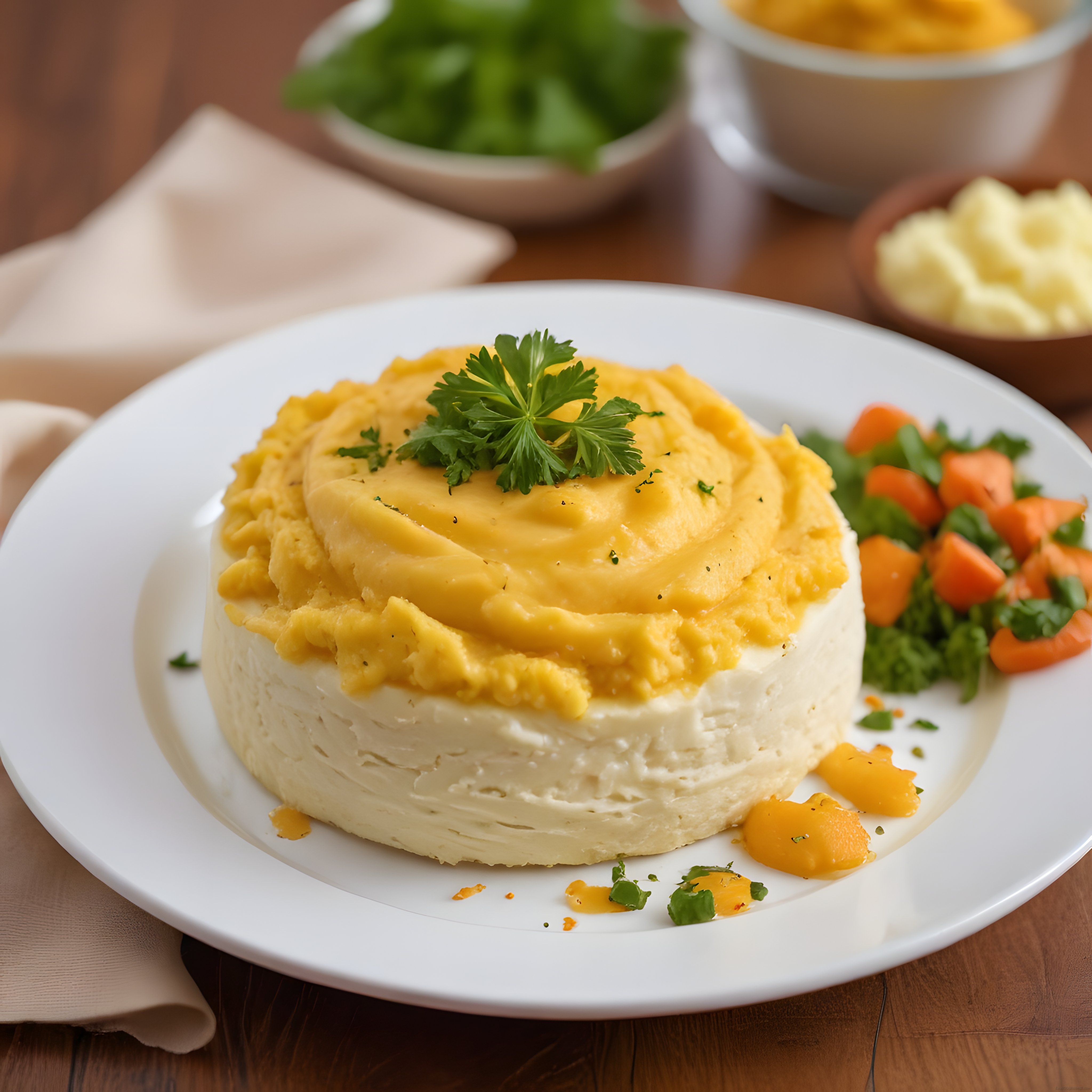 Beyaz Porselen Tabakta Katmanlı Patates Pastası ve Sebze Garnitürü