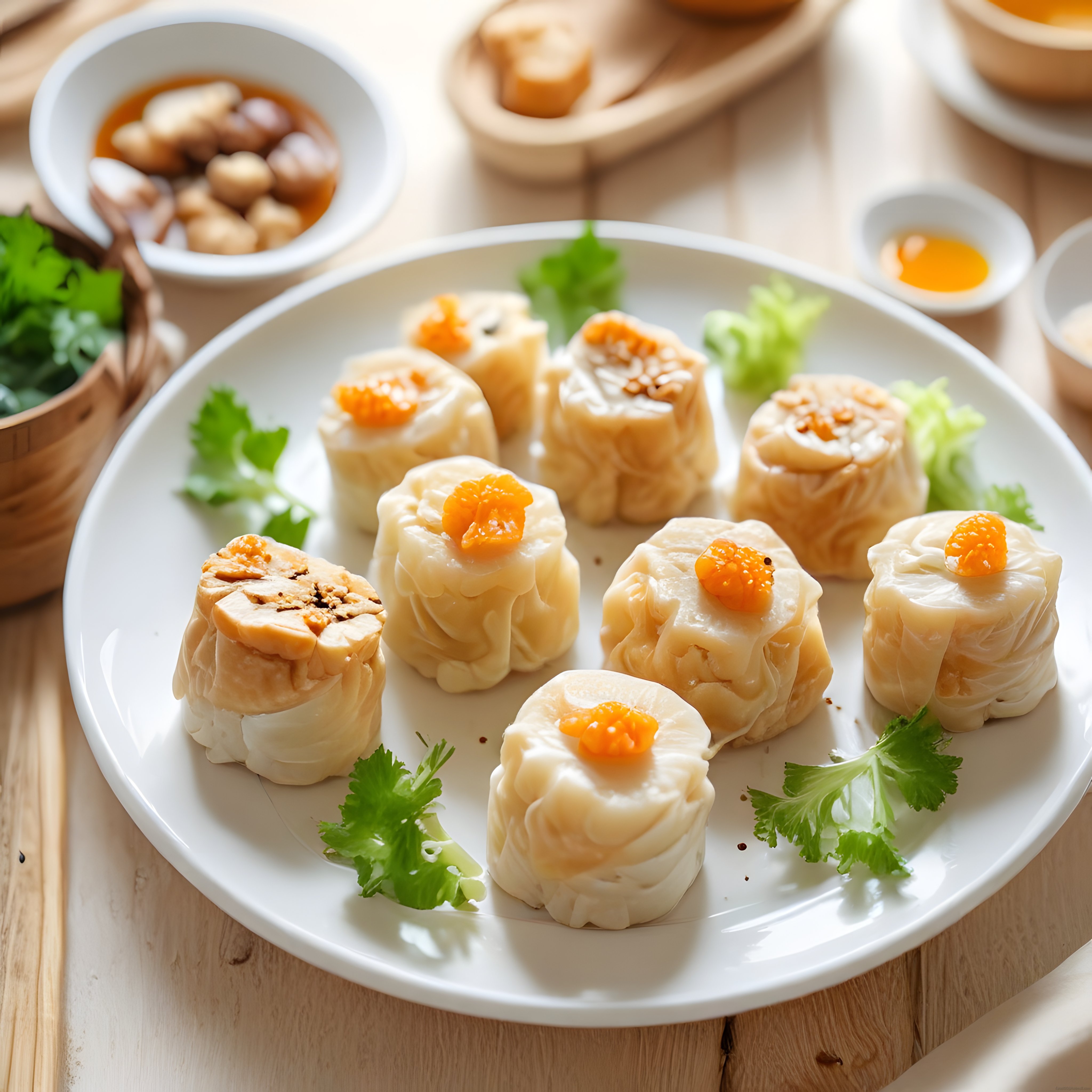 Beyaz porselen tabakta sunulan geleneksel Çin mantısı shumai ve dip soslar