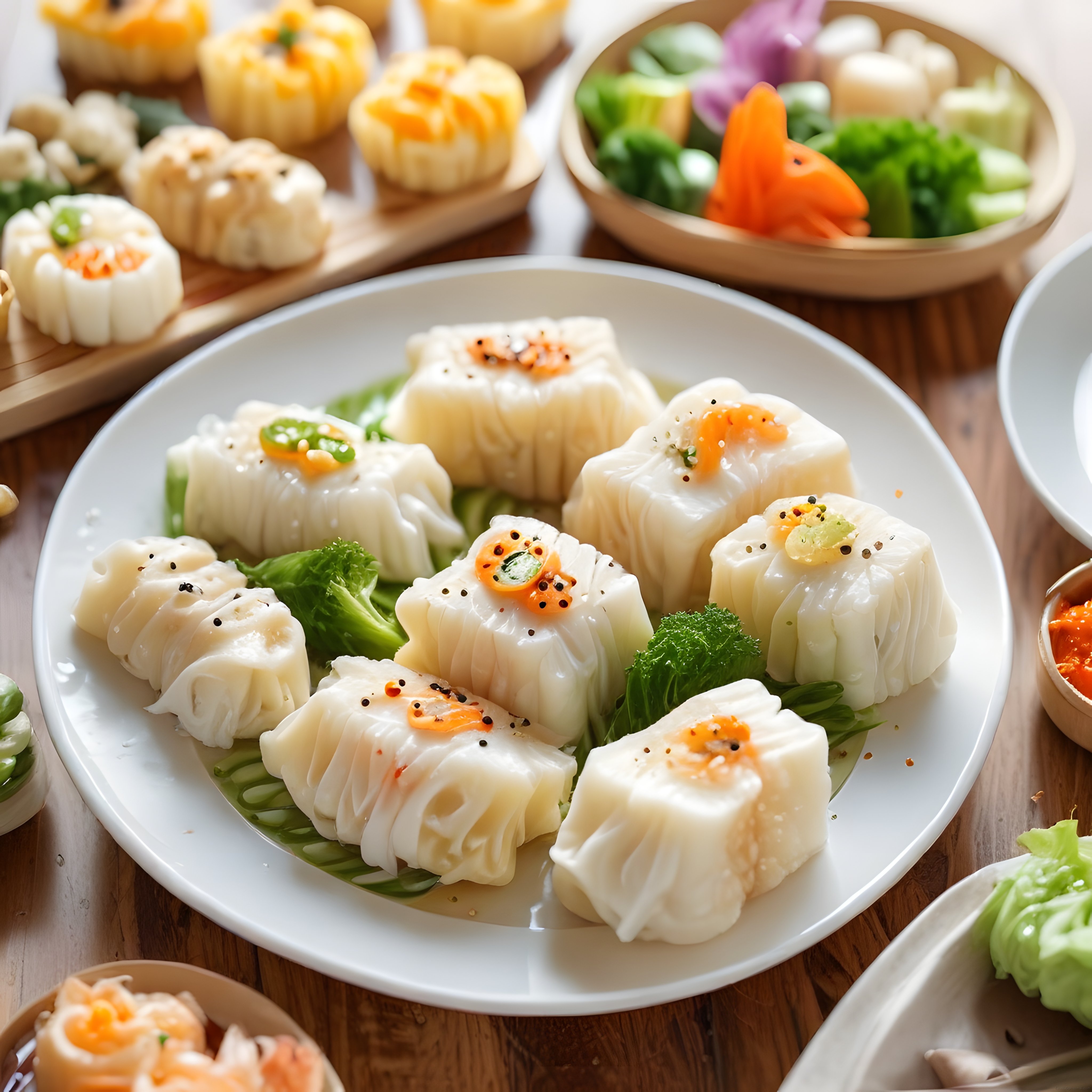 Beyaz Porselen Üzerinde Geleneksel Çin Dim Sum Mantıları ve Sebzeler