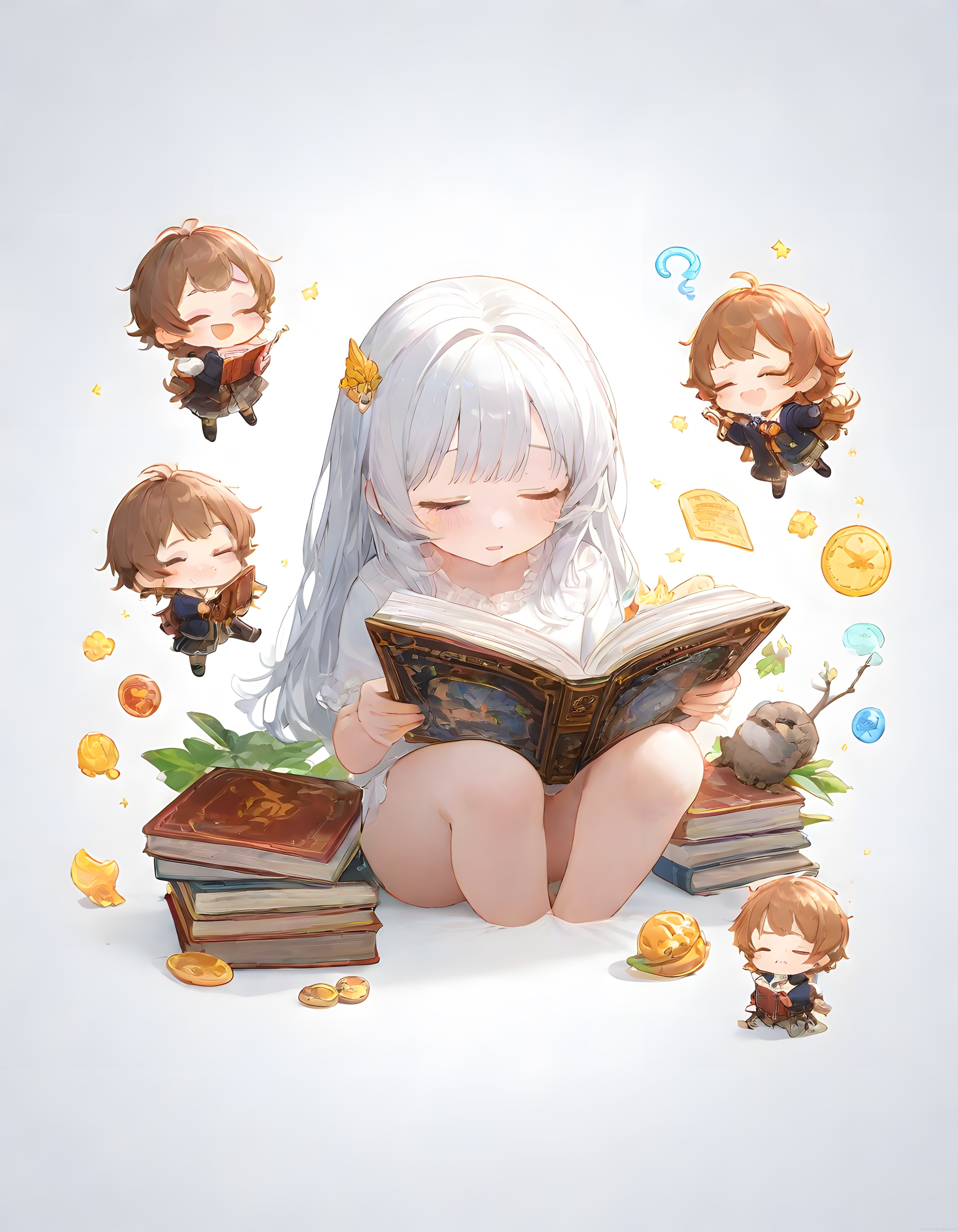 Beyaz Saçlı Anime Kız ve Kitap Okuyan Minik Chibi Arkadaşlarının İllüstrasyonu