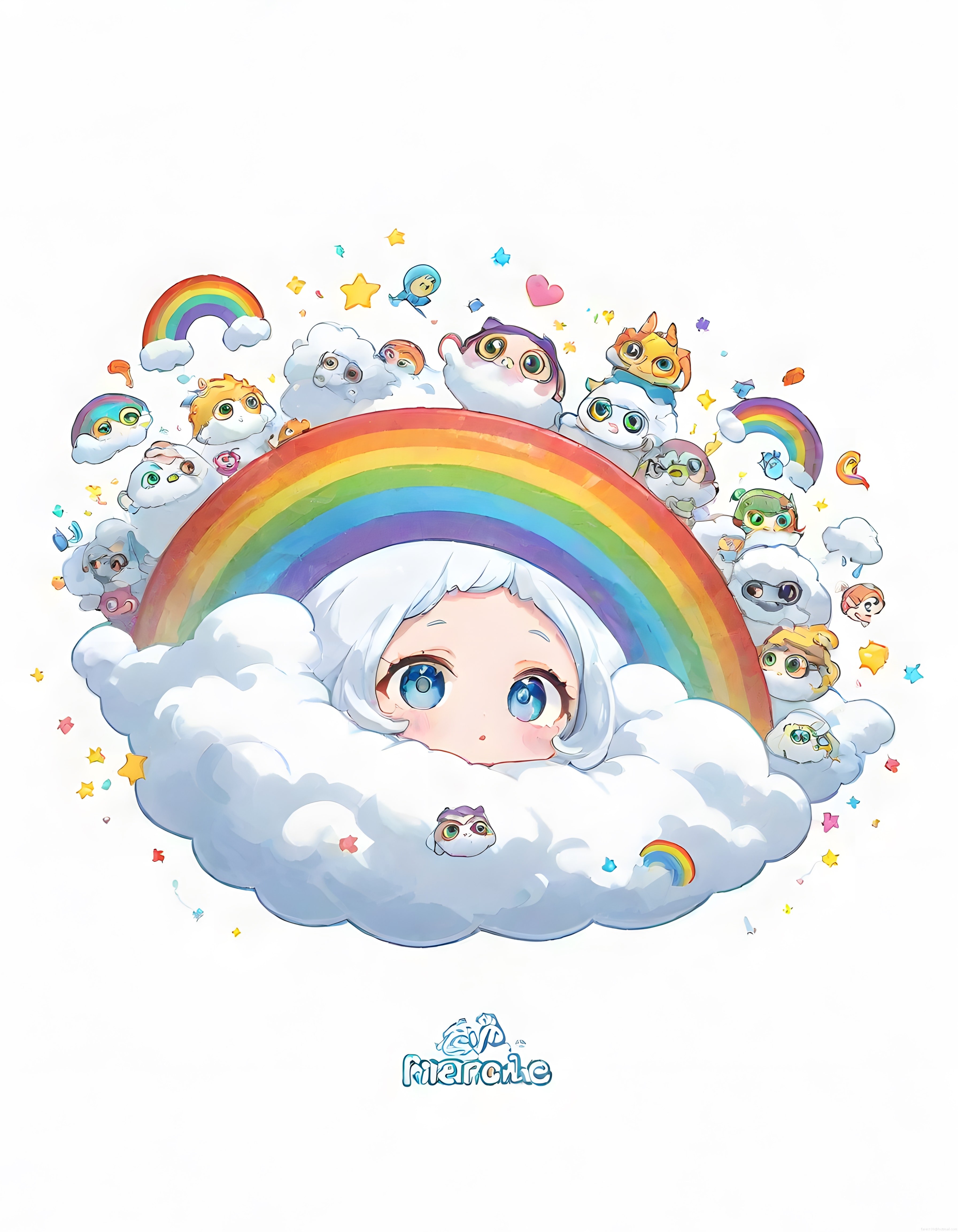 Beyaz Saçlı Anime Kızın Gökkuşağı ve Sevimli Bulut Dostlarıyla Masalı