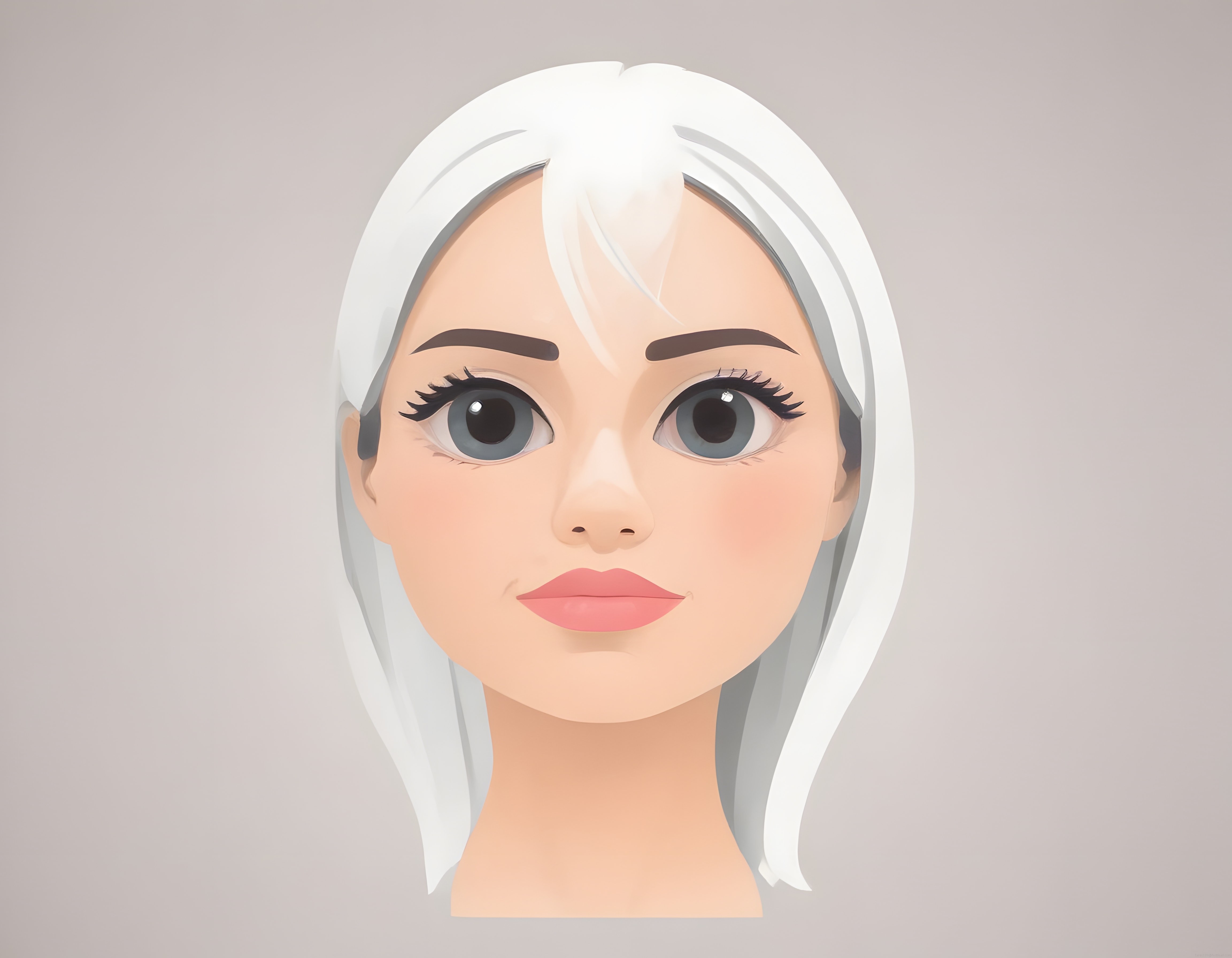 Beyaz Saçlı Mavi Gözlü Dijital Karakter: Pastel Arka Planda 3D Kadın Portresi