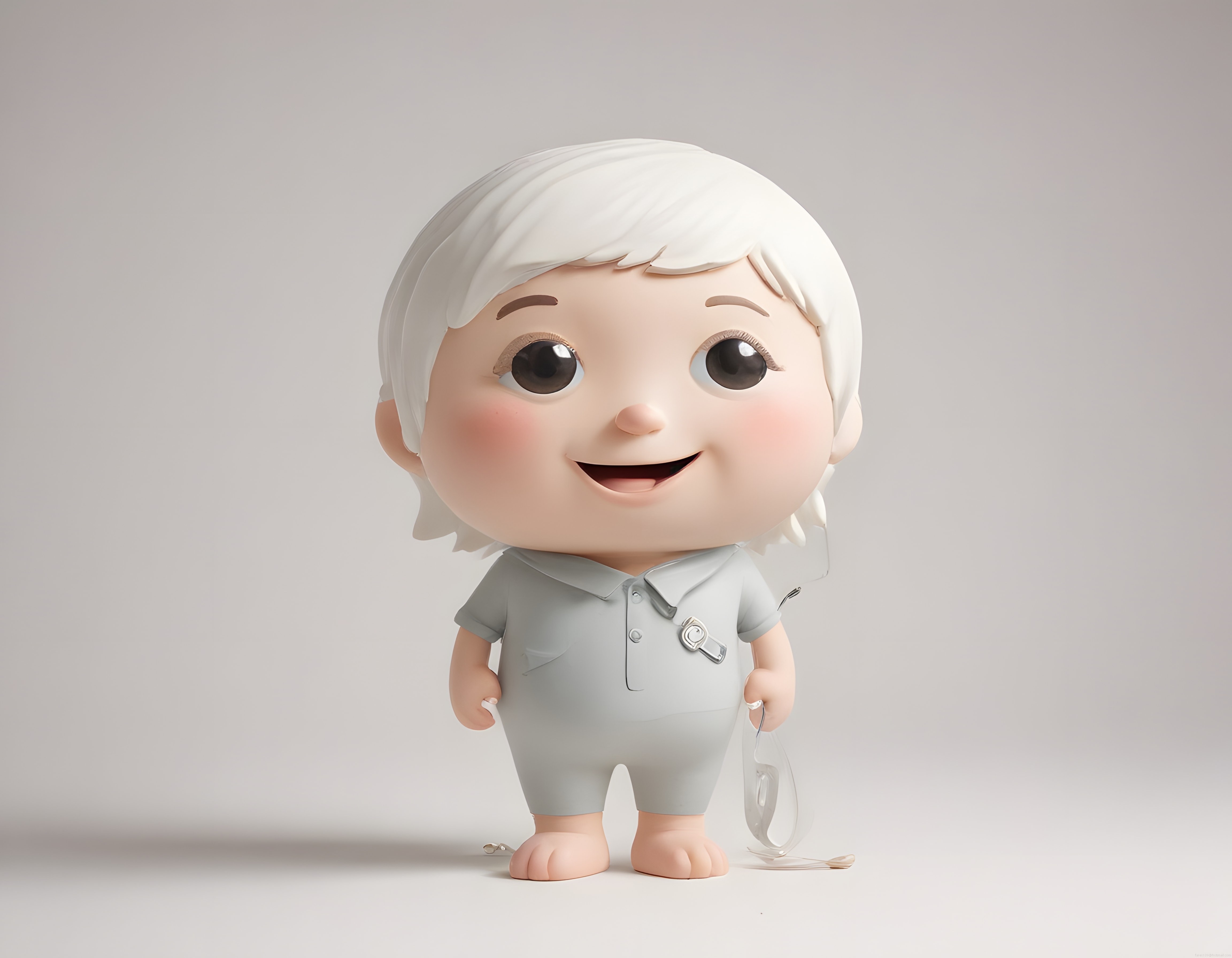 Beyaz Saçlı Sevimli 3D Karakter Figürü: Minimalist ve Modern Oyuncak Tasarımı