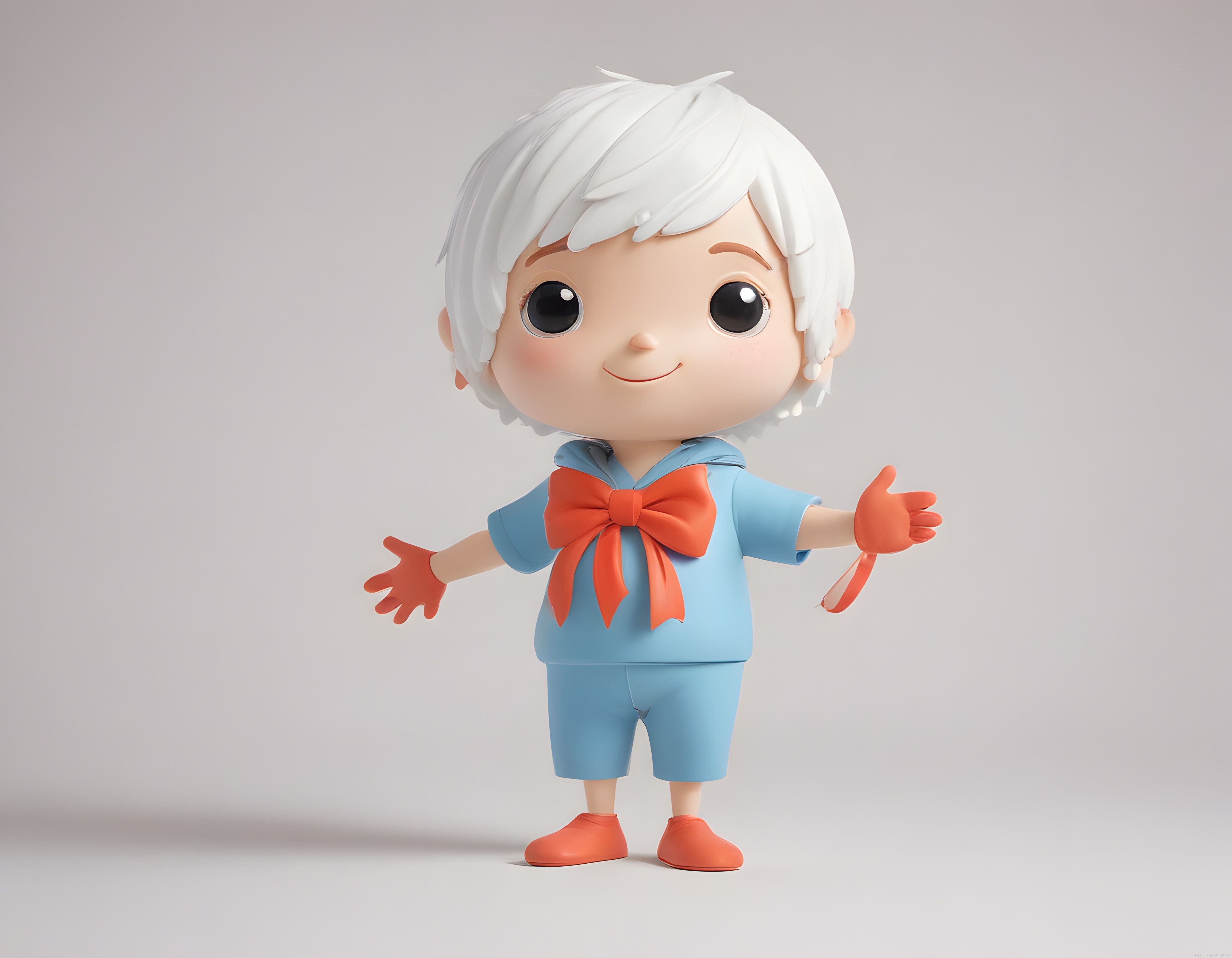 Beyaz saçlı sevimli 3D karakter mavi kıyafetli turuncu aksesuarlı chibi figür