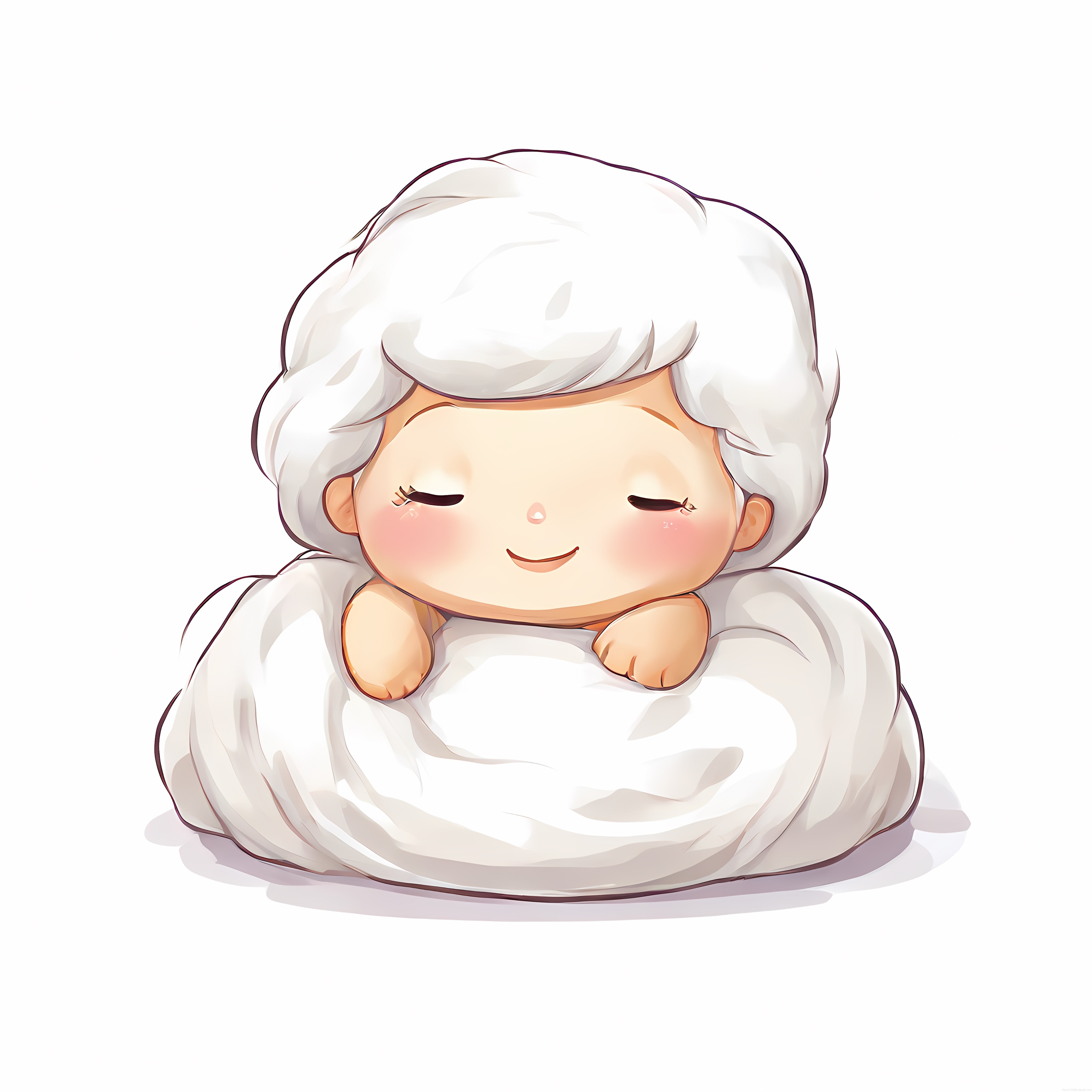 Beyaz saçlı sevimli chibi karakter yumuşacık tüylü yatakta dinleniyor