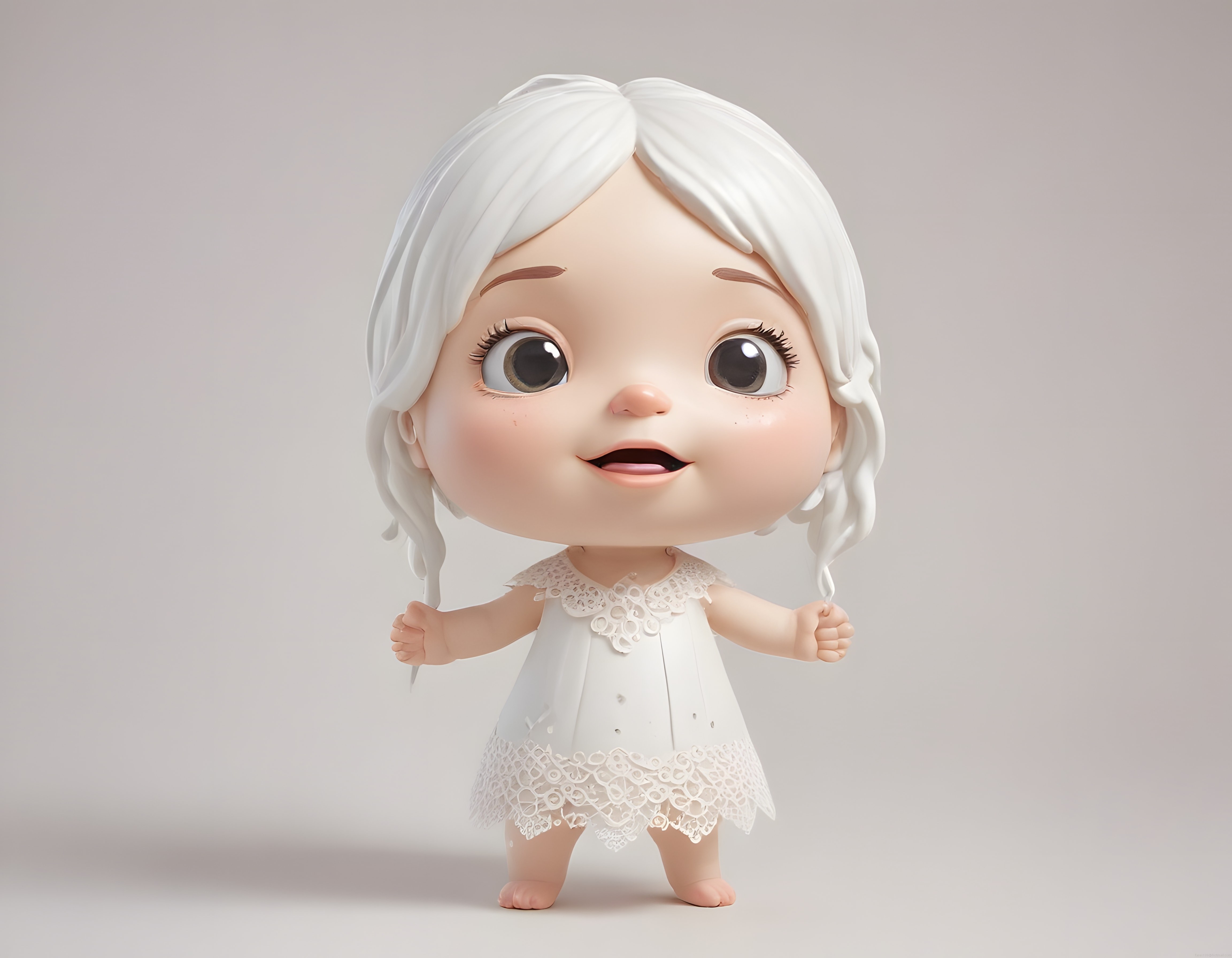 Beyaz Saçlı Sevimli Chibi Kız Karakteri 3D Render Animasyon Figürü