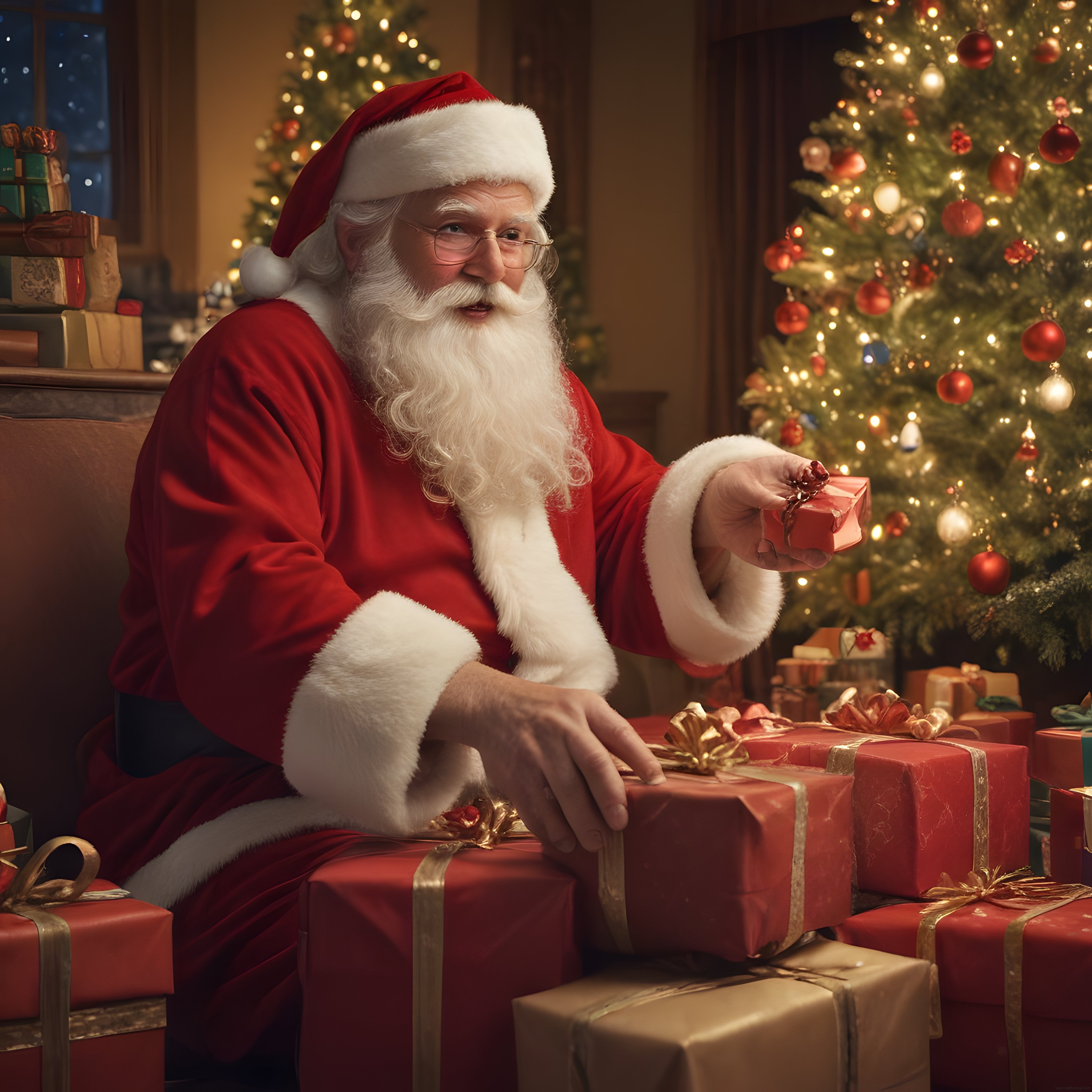 Beyaz Sakallı Noel Baba Işıltılı Yılbaşı Ağacı Önünde Hediye Tutuyor