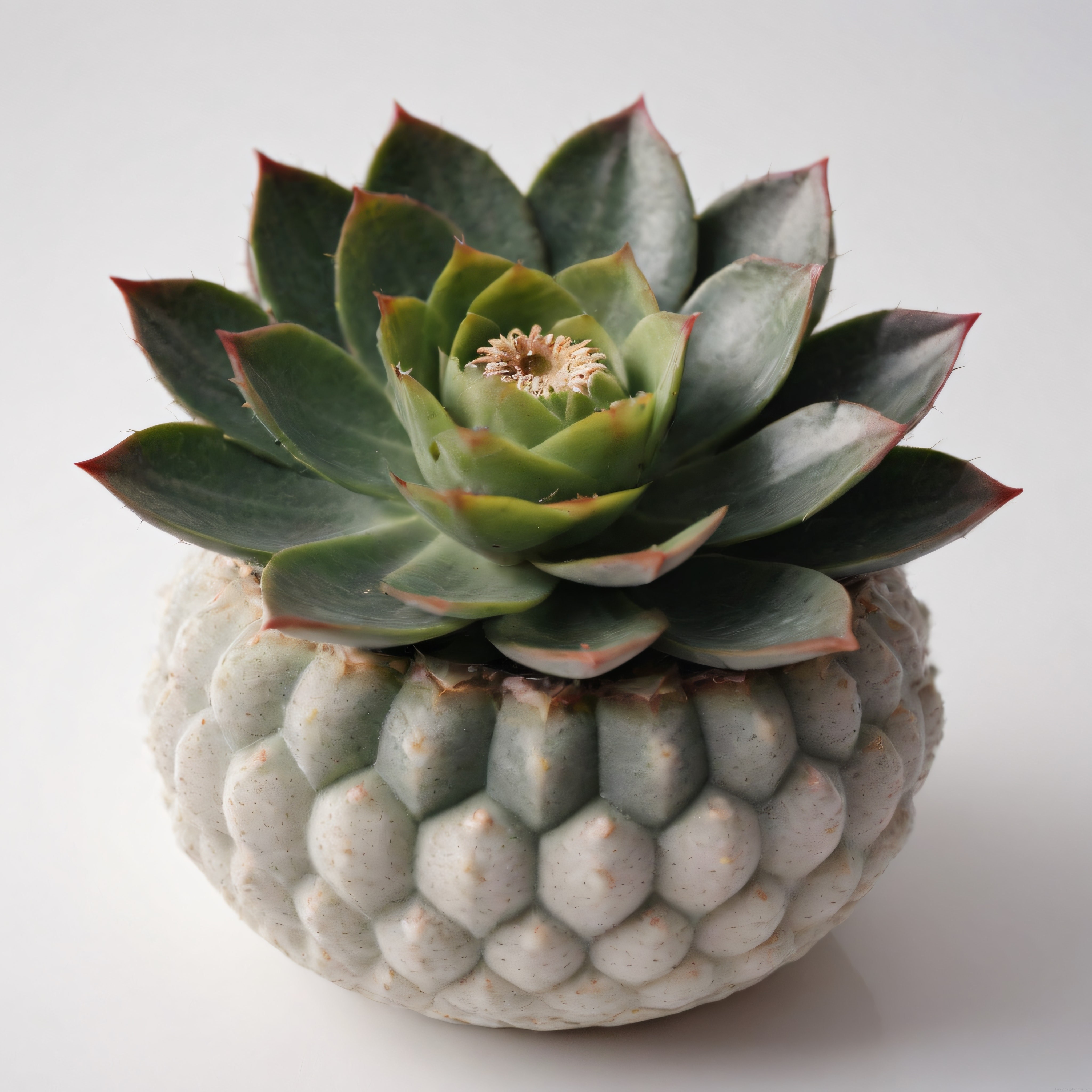 Beyaz saksı içinde kırmızı uçlu yapraklarıyla etli echeveria sukulenti
