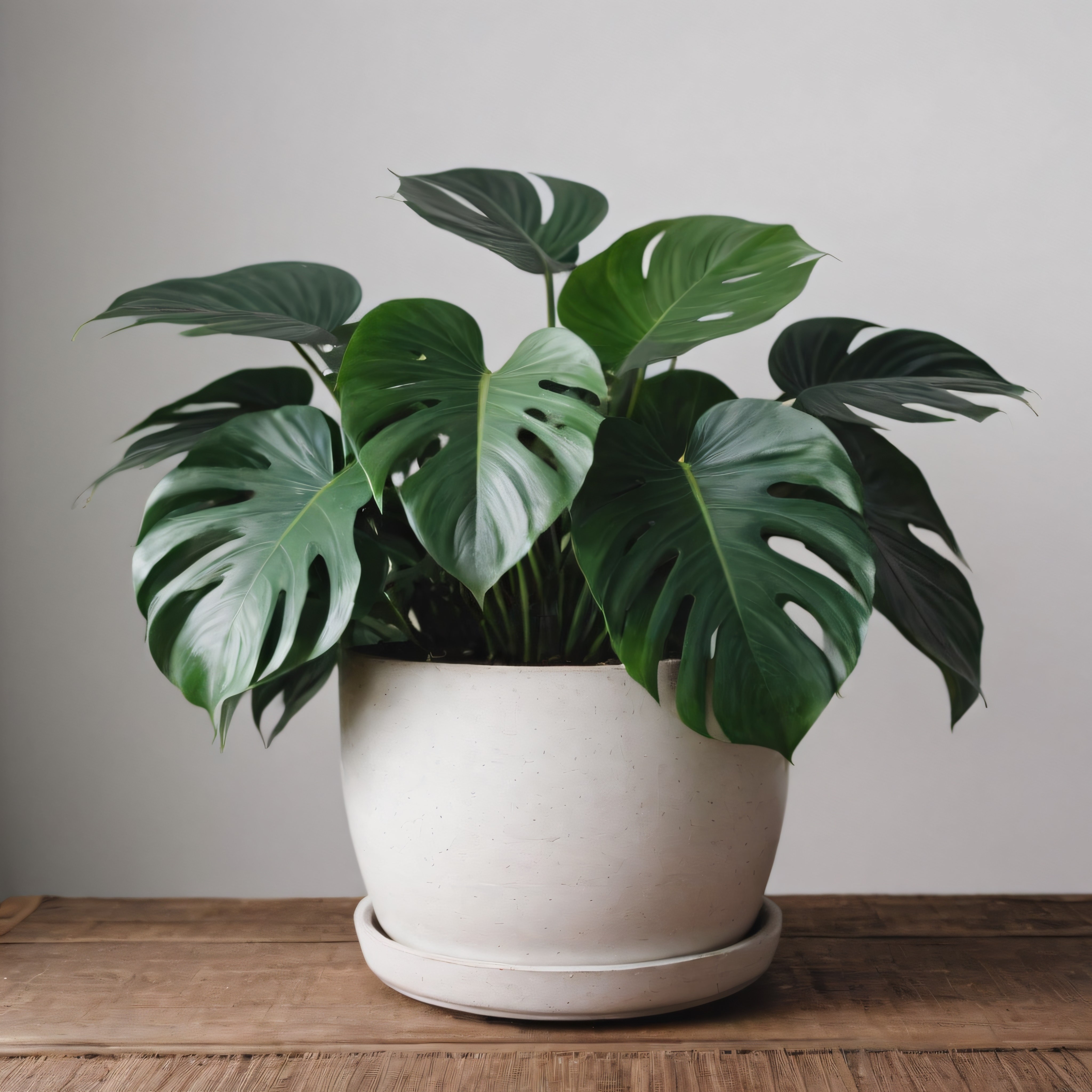 Beyaz Saksıda Büyük Yapraklı Monstera Bitkisi ile Minimalist Ev Dekorasyonu