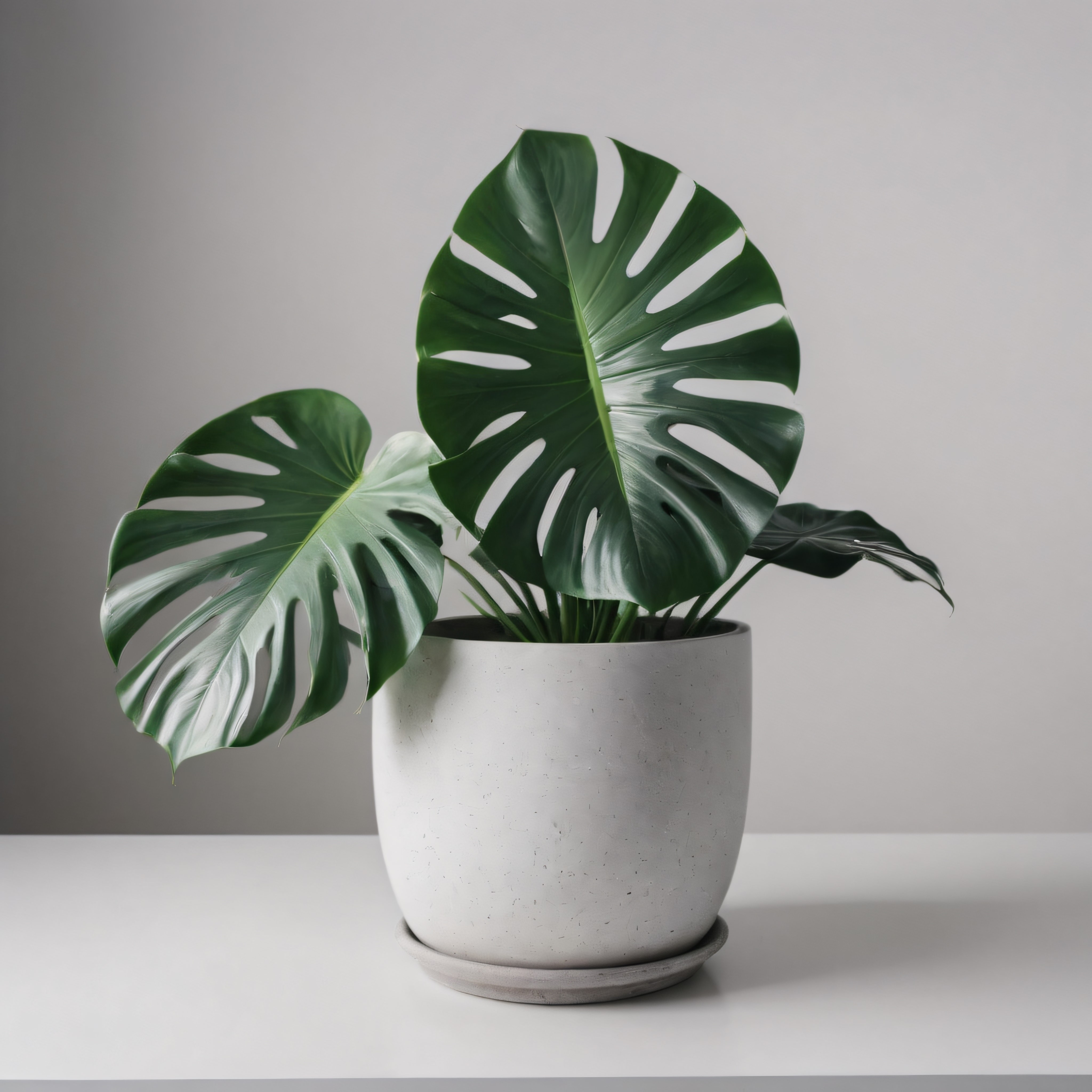 Beyaz Saksıda Büyüleyici Monstera Deliciosa Bitkisi ve Yaprakları