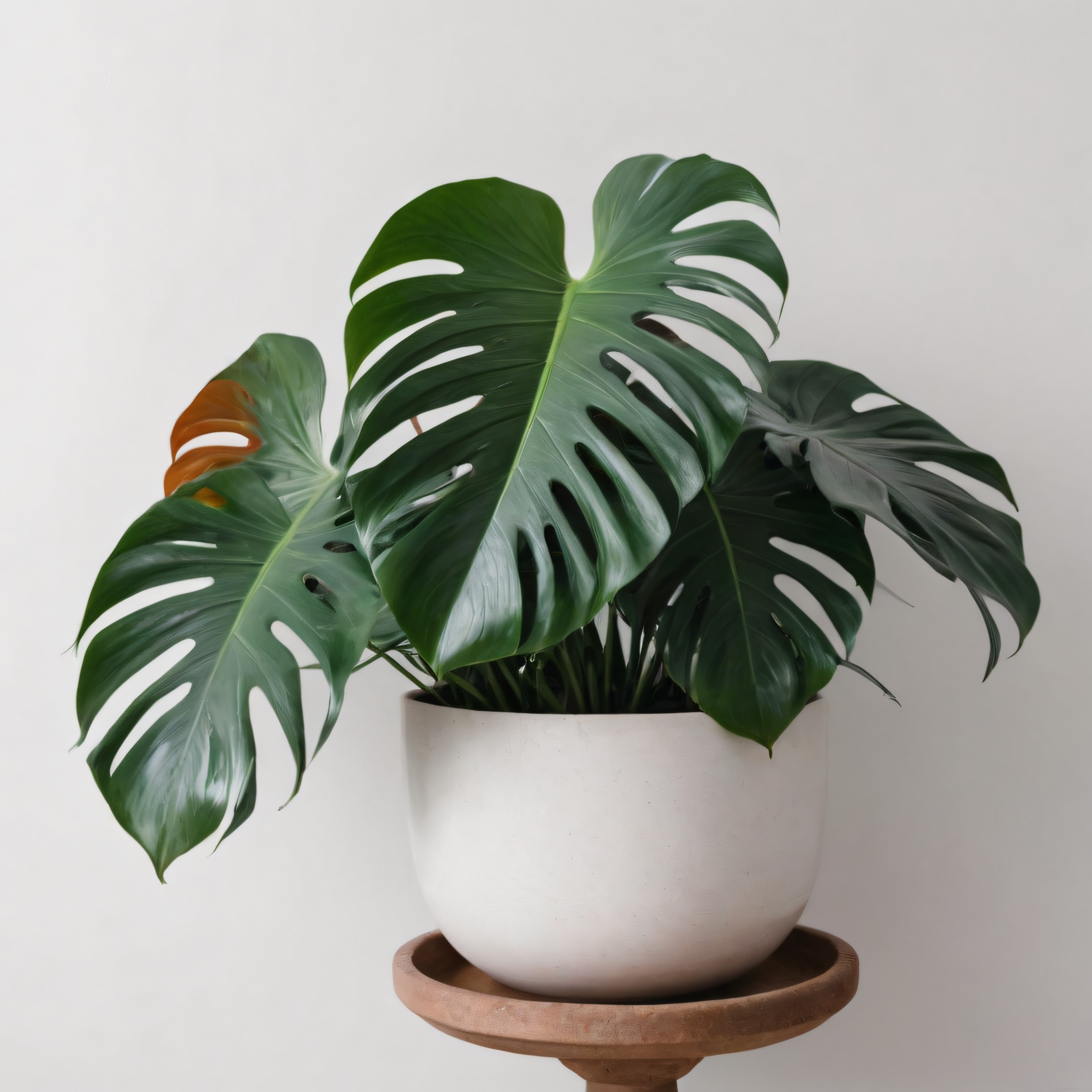 Beyaz saksıda canlı monstera bitkisi ve ahşap stand ile iç mekan dekorasyonu