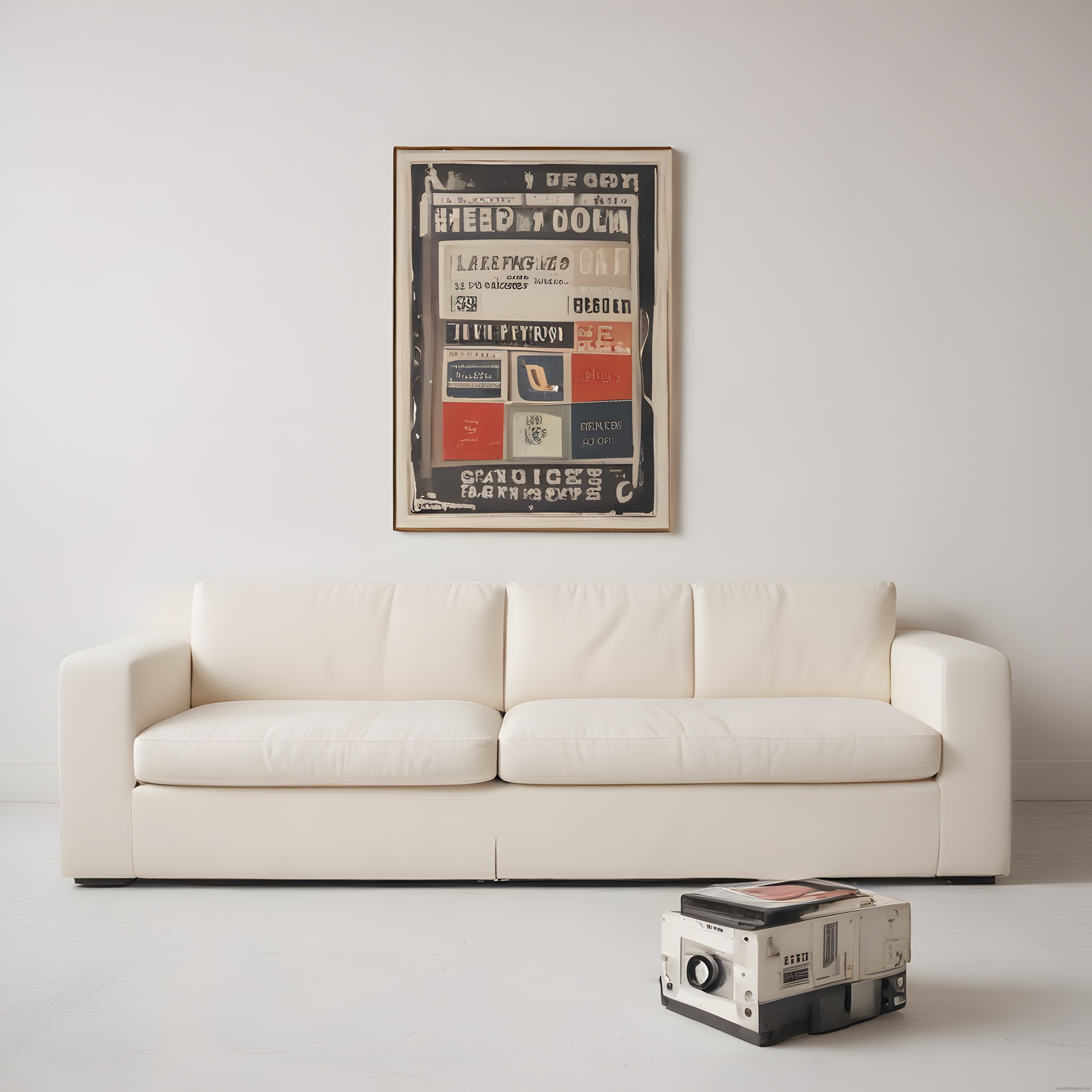 Beyaz Salon Dekorasyonu: Minimalist Mekan, Çerçeveli Sanat ve Retro Projektör