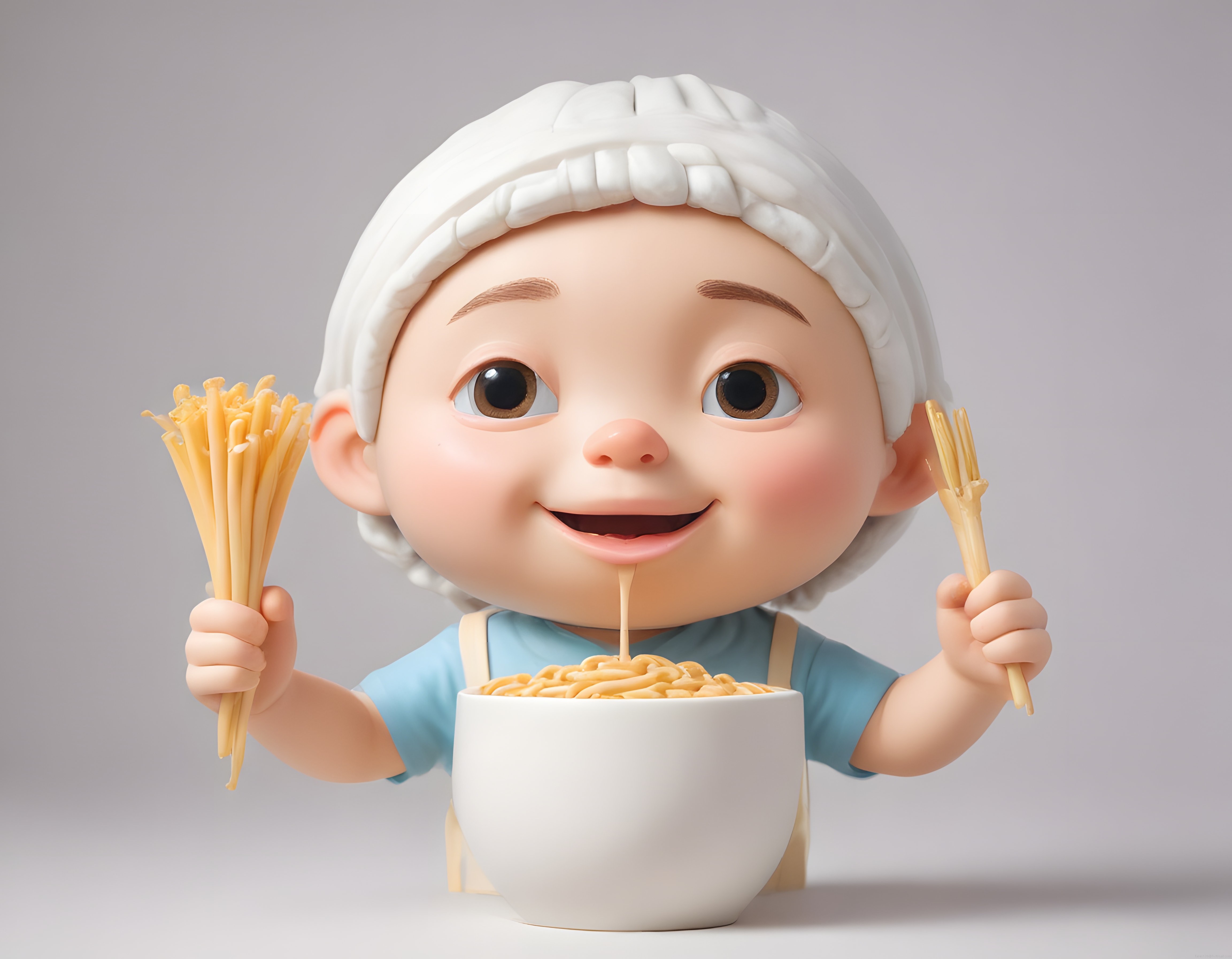 Beyaz Şapkalı Sevimli 3D Karakter, Kase Makarnayla Neşeli Bir Yemek Anı Yaşıyor
