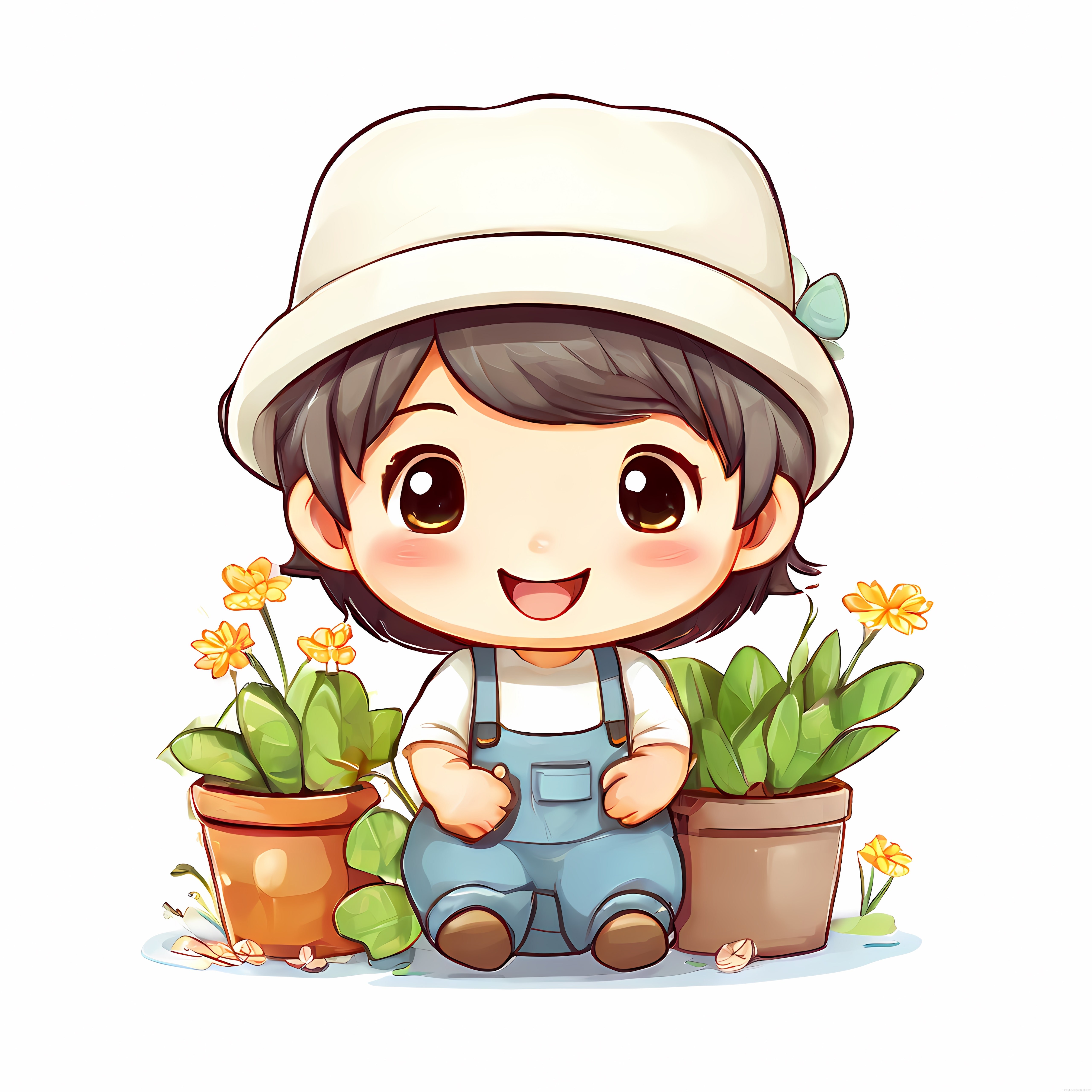 Beyaz Şapkalı Sevimli Chibi Çocuk ve Saksıdaki Sarı Çiçeklerin Uyumu