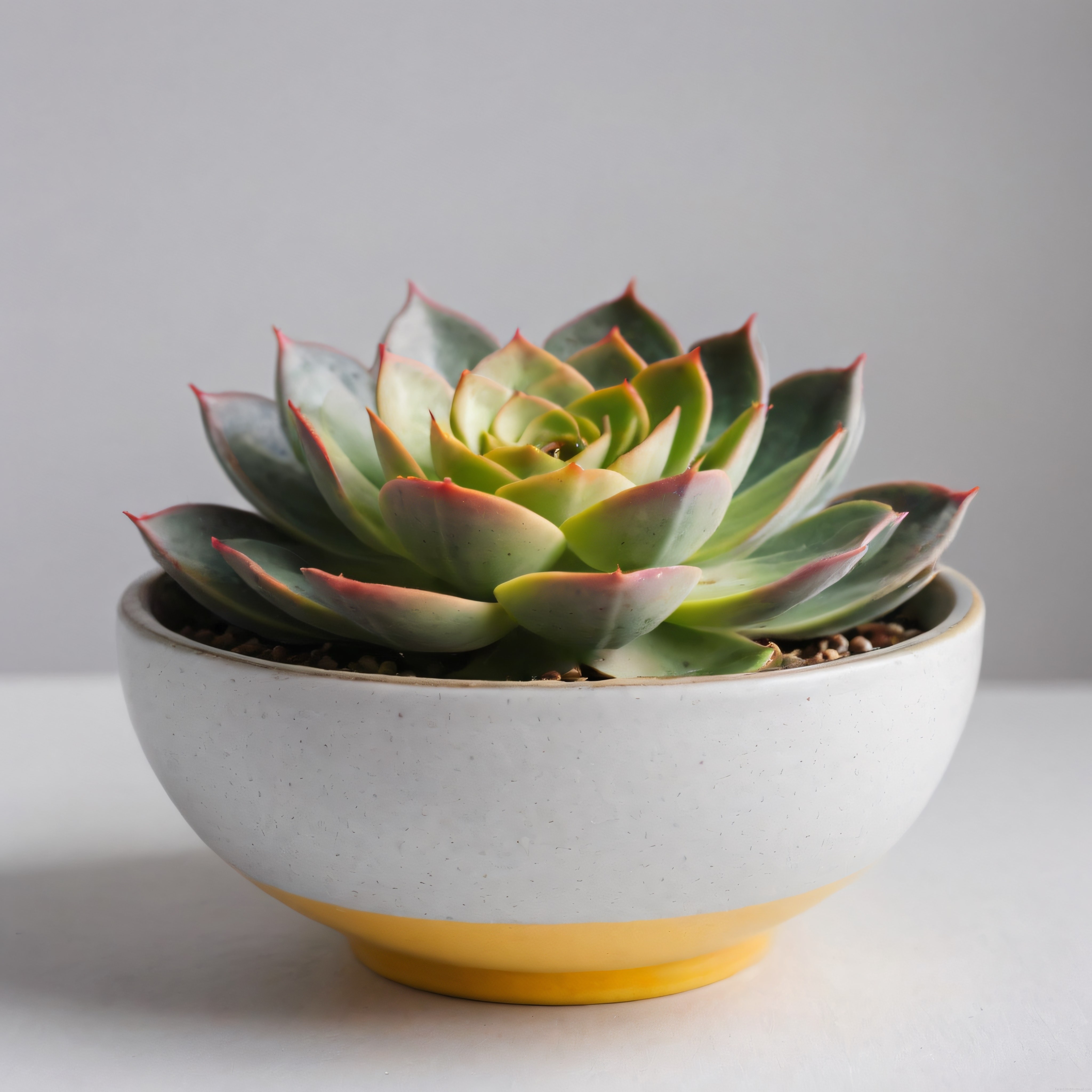 Beyaz Sarı Saksıda Renkli Echeveria Sukulent Stüdyo Fotoğrafı
