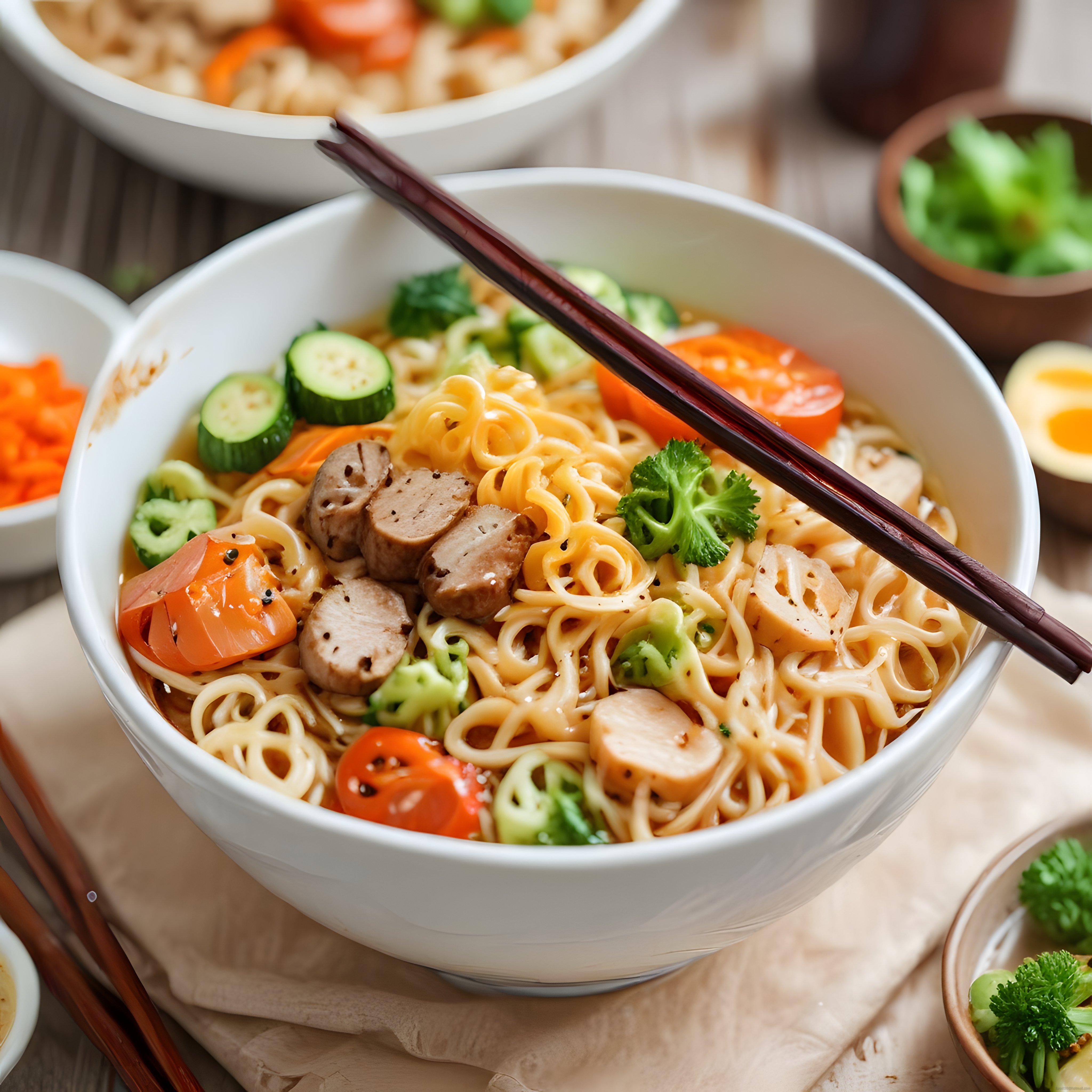Beyaz Seramik Kasede Sıcacık Noodle Çorbası: Sebzeli ve Etli Asya Mutfağı Sunumu