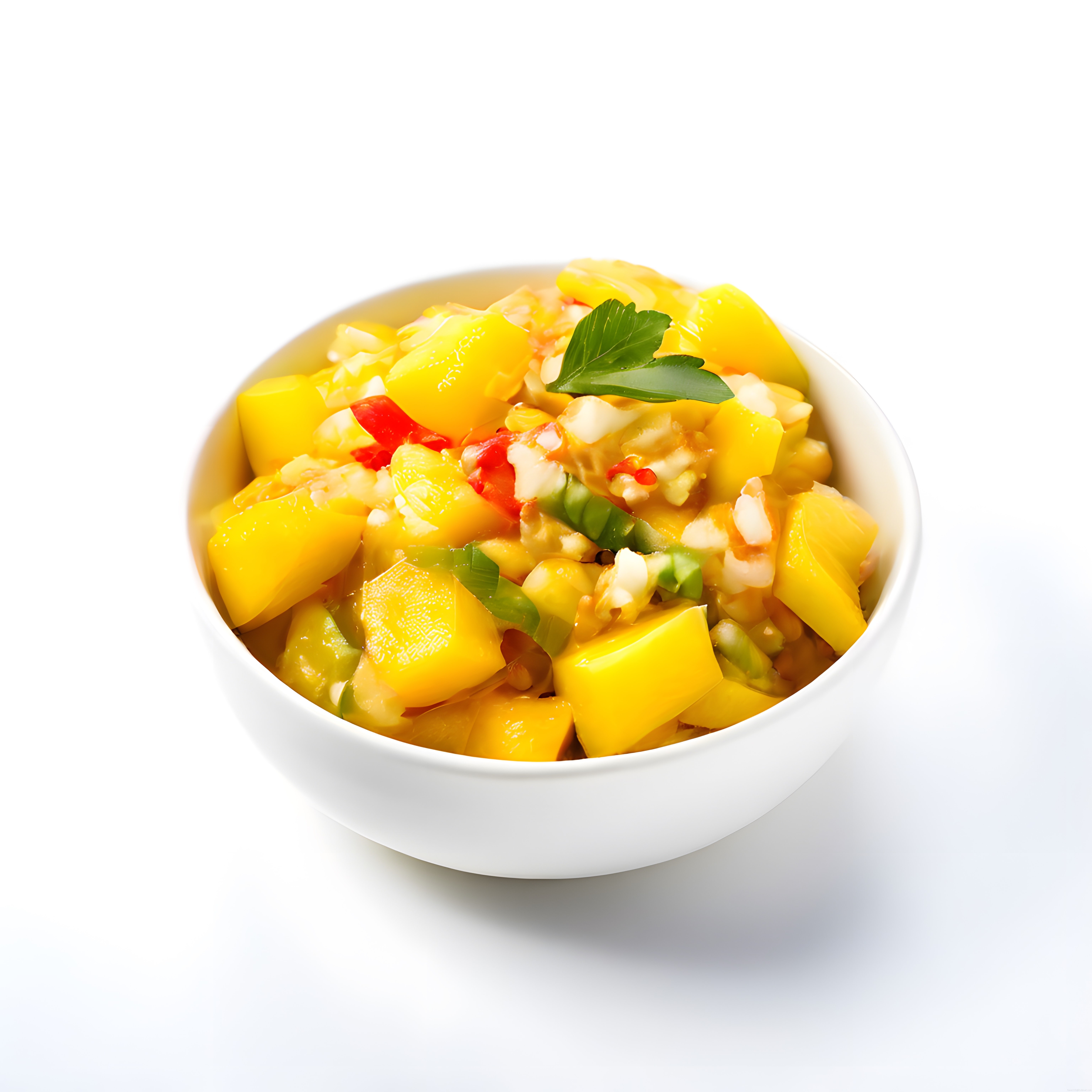 Beyaz Seramik Kasede Taze Mango Biberli Tropikal Meyve Salatası
