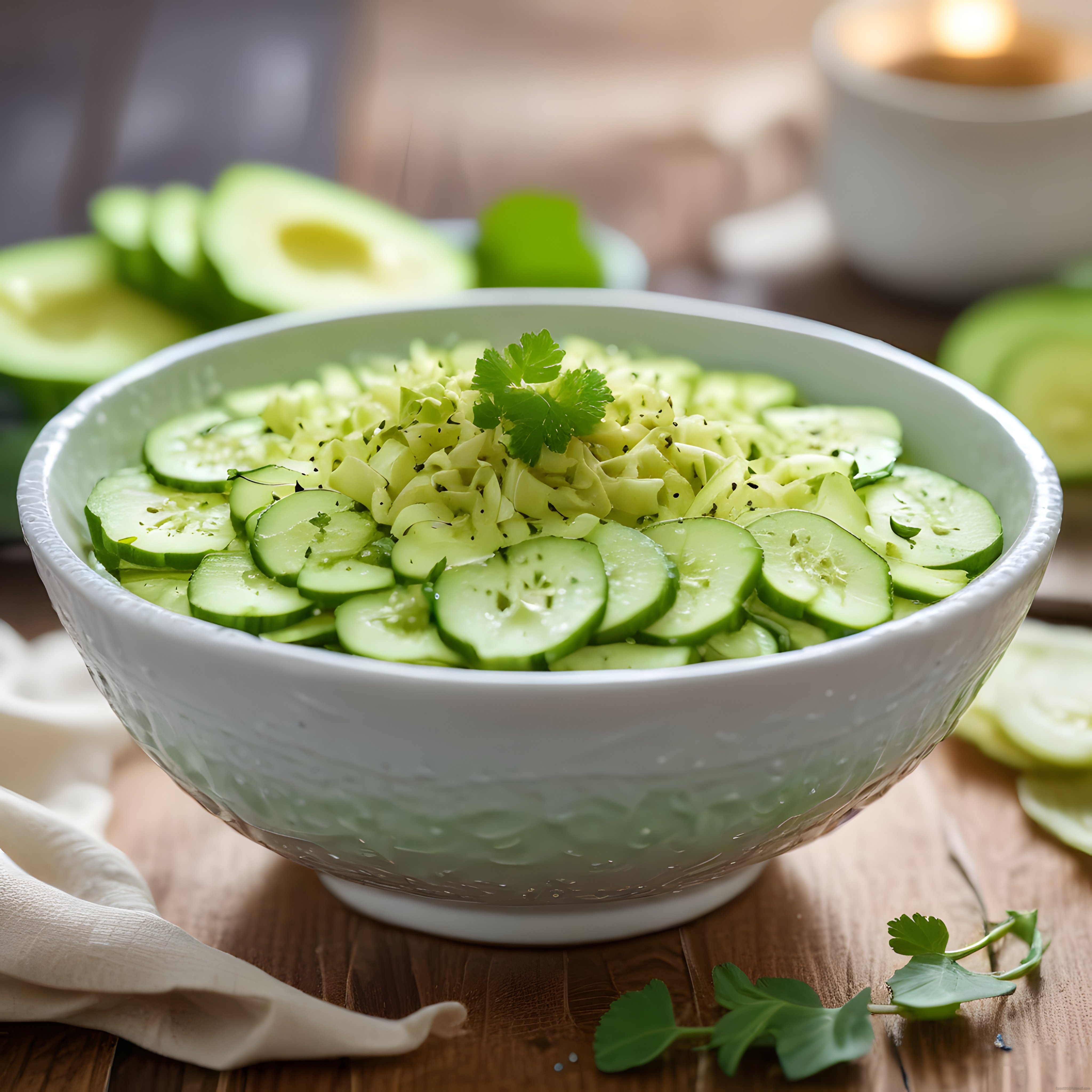 Beyaz Seramik Kasede Taze Salatalık Dilimleri ve Avokadolu Ferah Salata