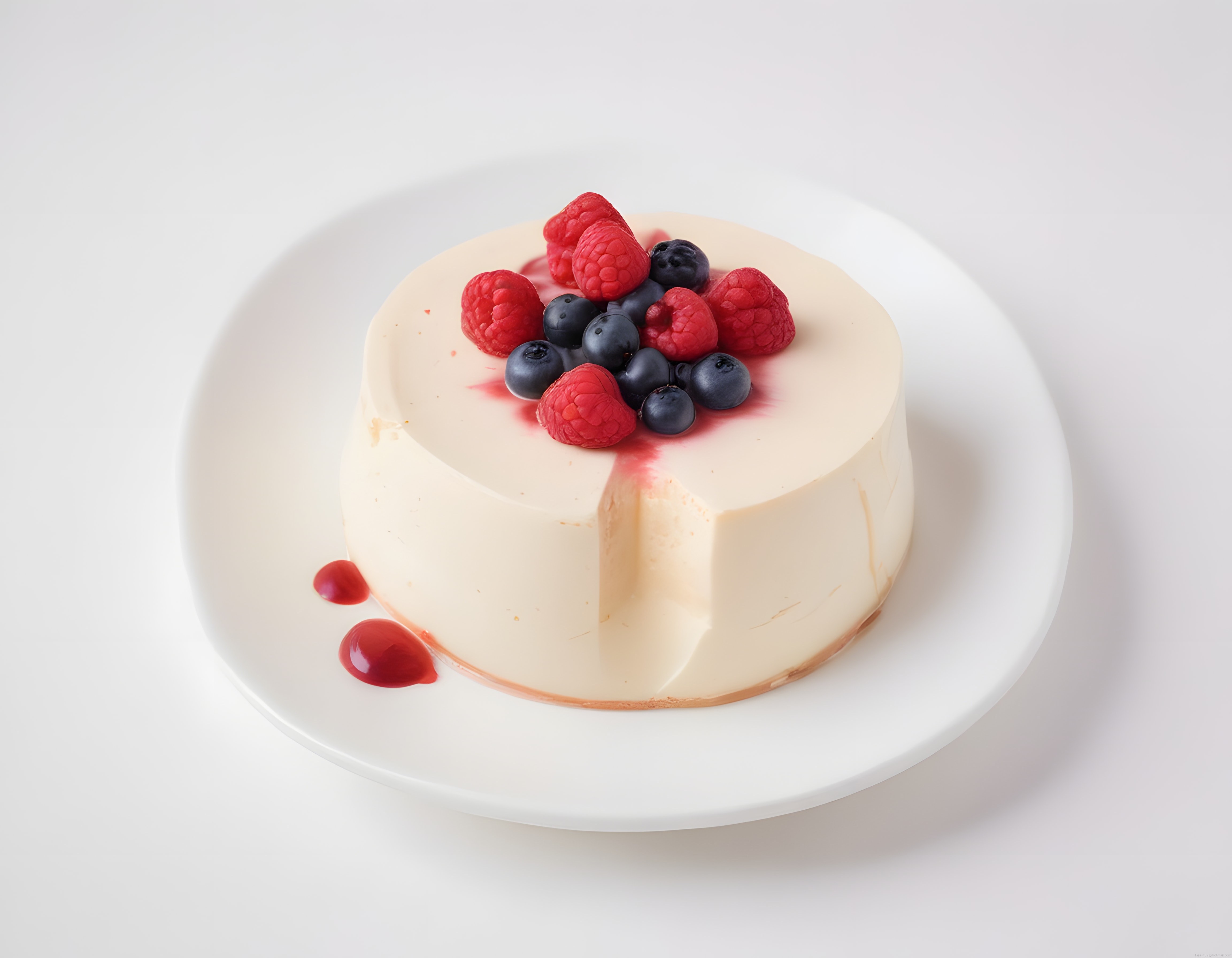 Beyaz Seramik Tabakta Orman Meyveli Cheesecake ve Taze Böğürtlen Soslu Tatlı