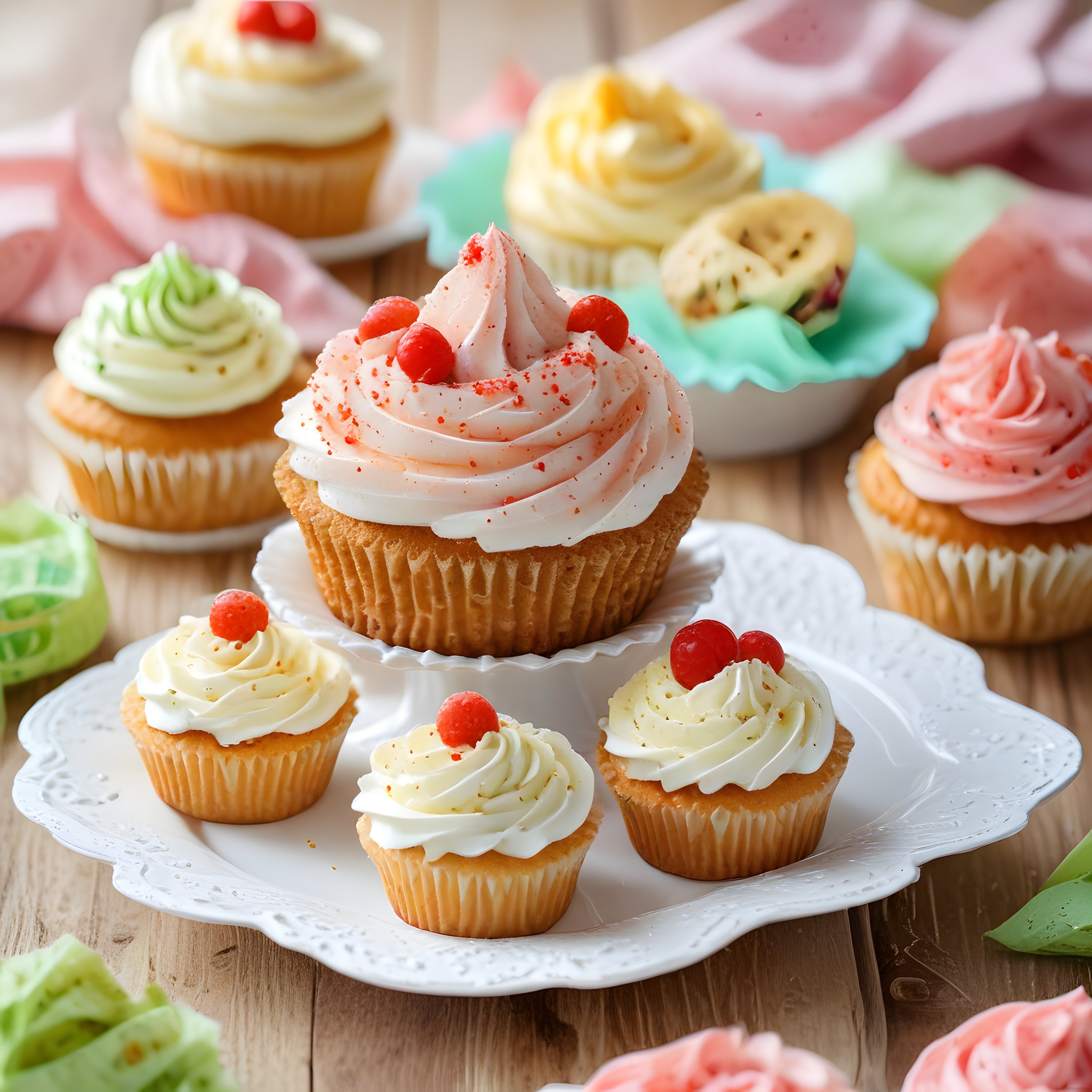 Beyaz Servis Tabakta Kremalı ve Kirazlı Taze Cupcake Çeşitleri