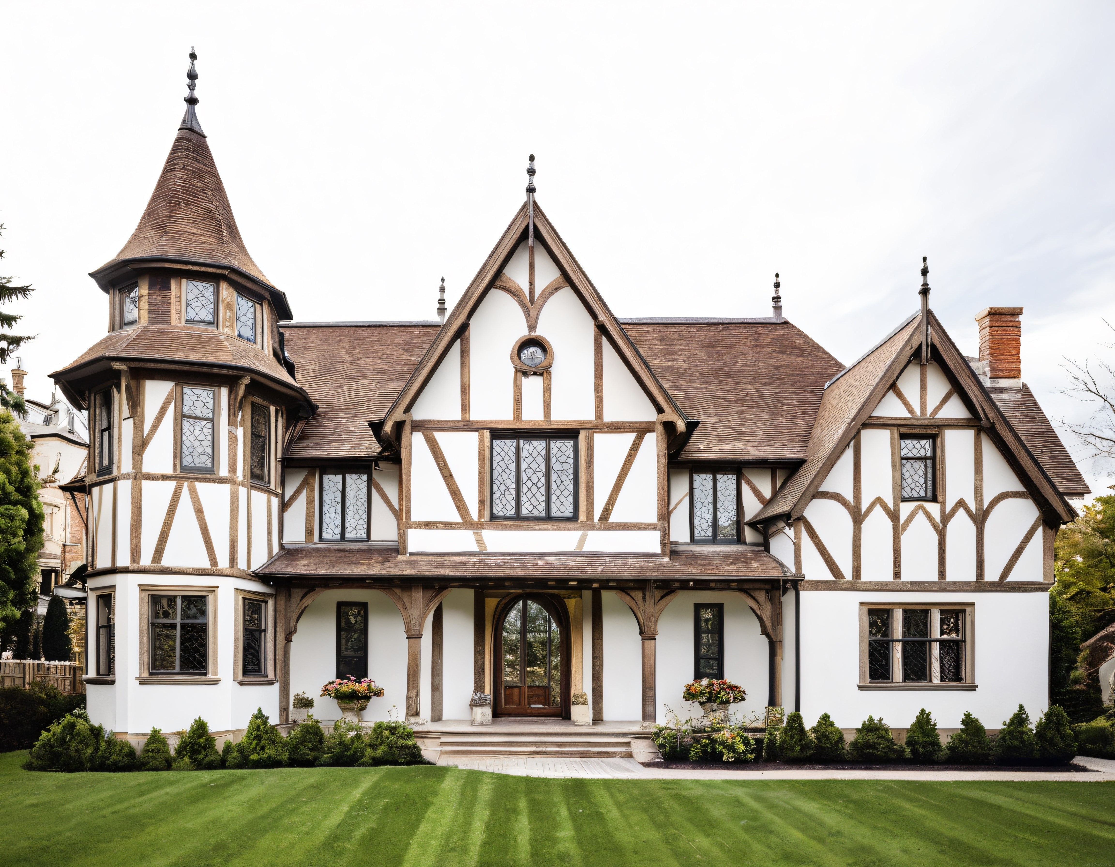 Beyaz Sıvalı İngiliz Tudor Malikanesi ve Süslü Ahşap Karkas Detayları