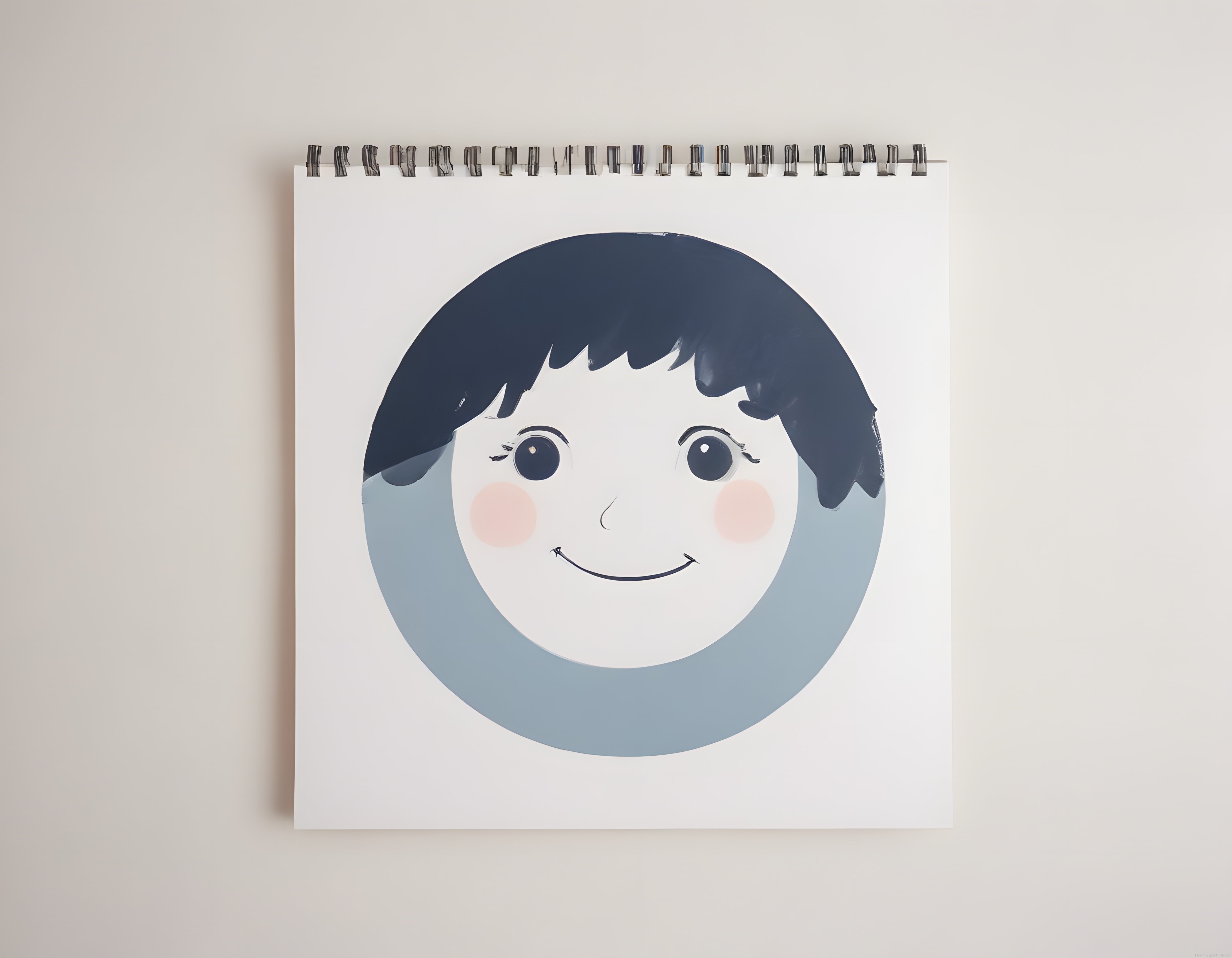 Beyaz spiralli defter üzerindeki pastel tonlu minimal çocuk karakteri çizimi