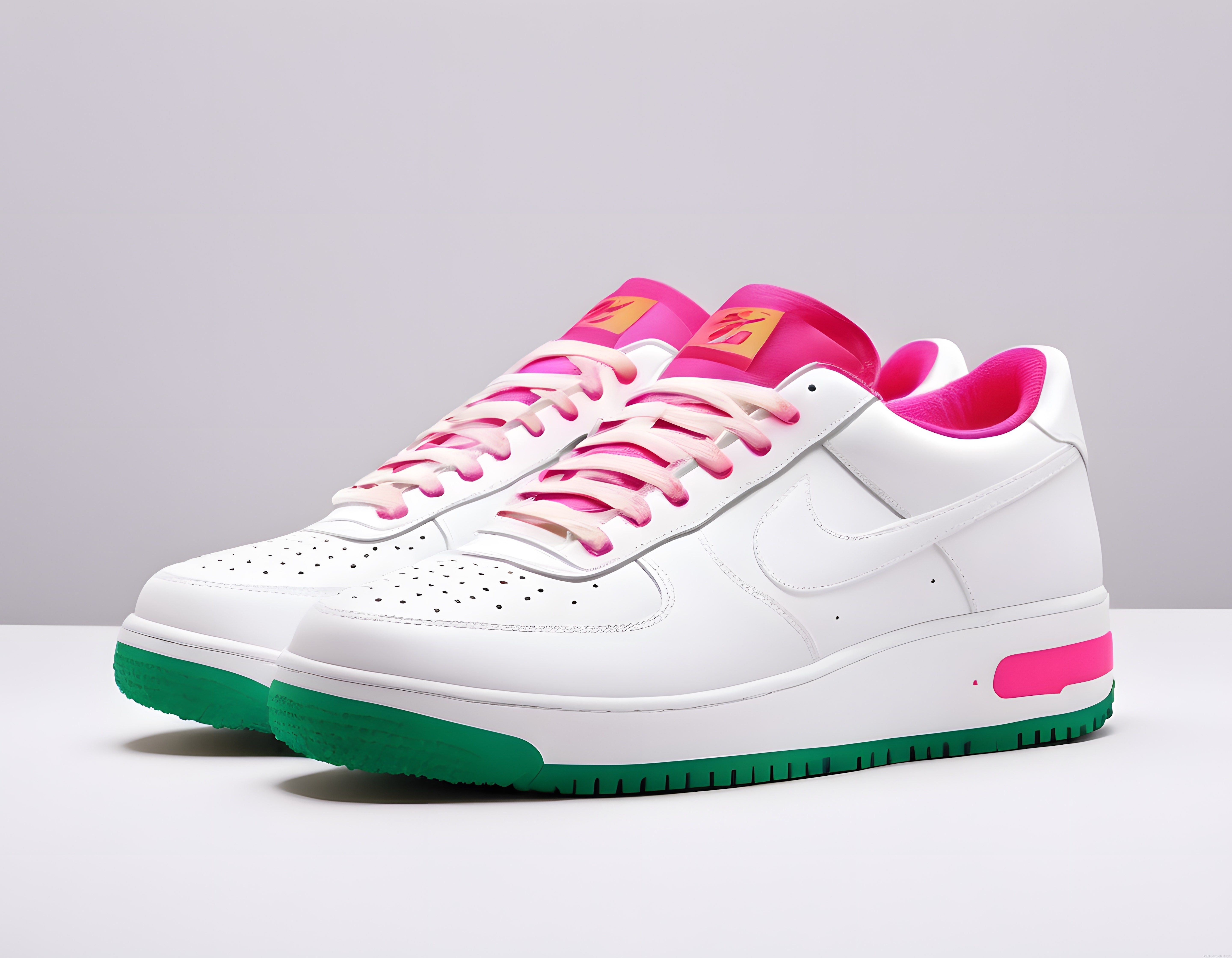 Beyaz spor ayakkabı pembe yeşil detaylarıyla modern sneaker tasarımı