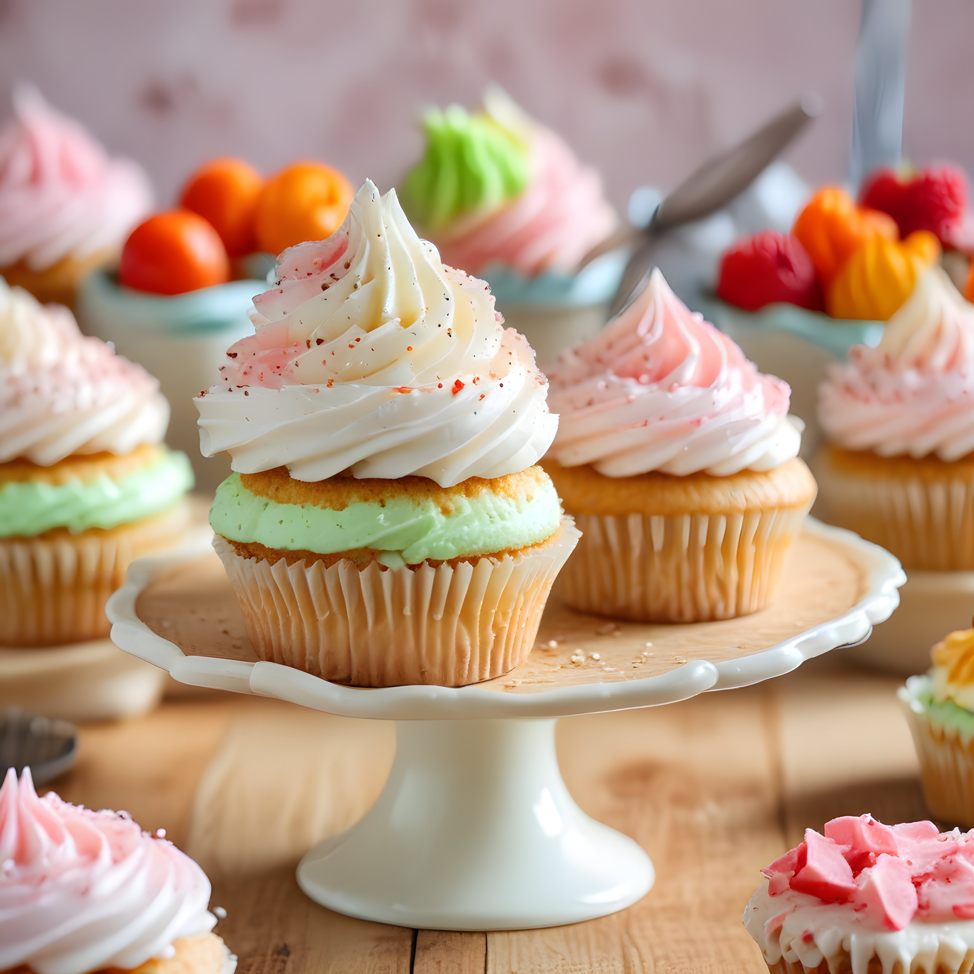 Beyaz Standda Renkli Kremalı Cupcakeler ve Davet Masası Tatlı Sunumu