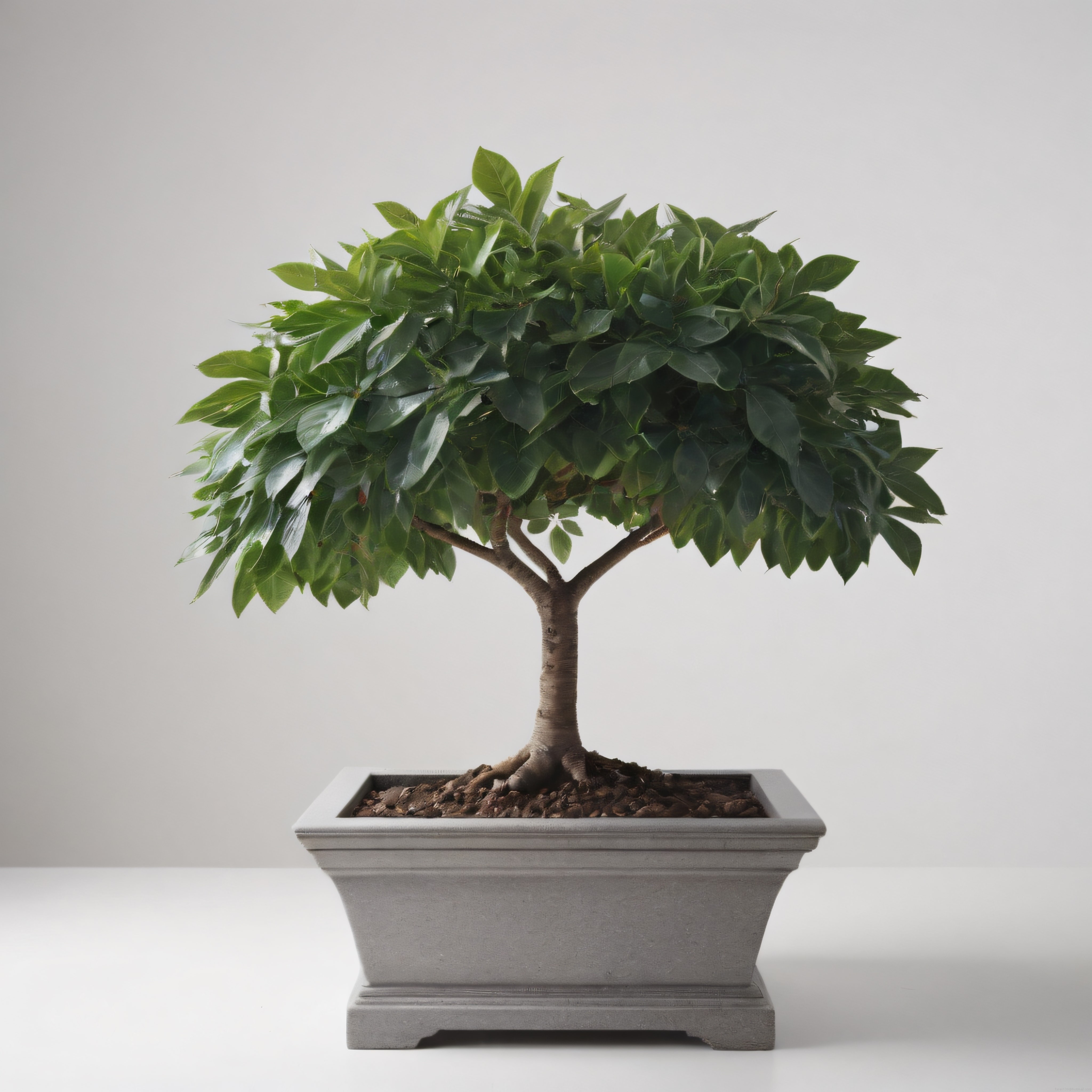 Beyaz Stüdyo Arka Planda Gri Saksıda Yeşil Yapraklı Bakımlı Bonsai Bitkisi