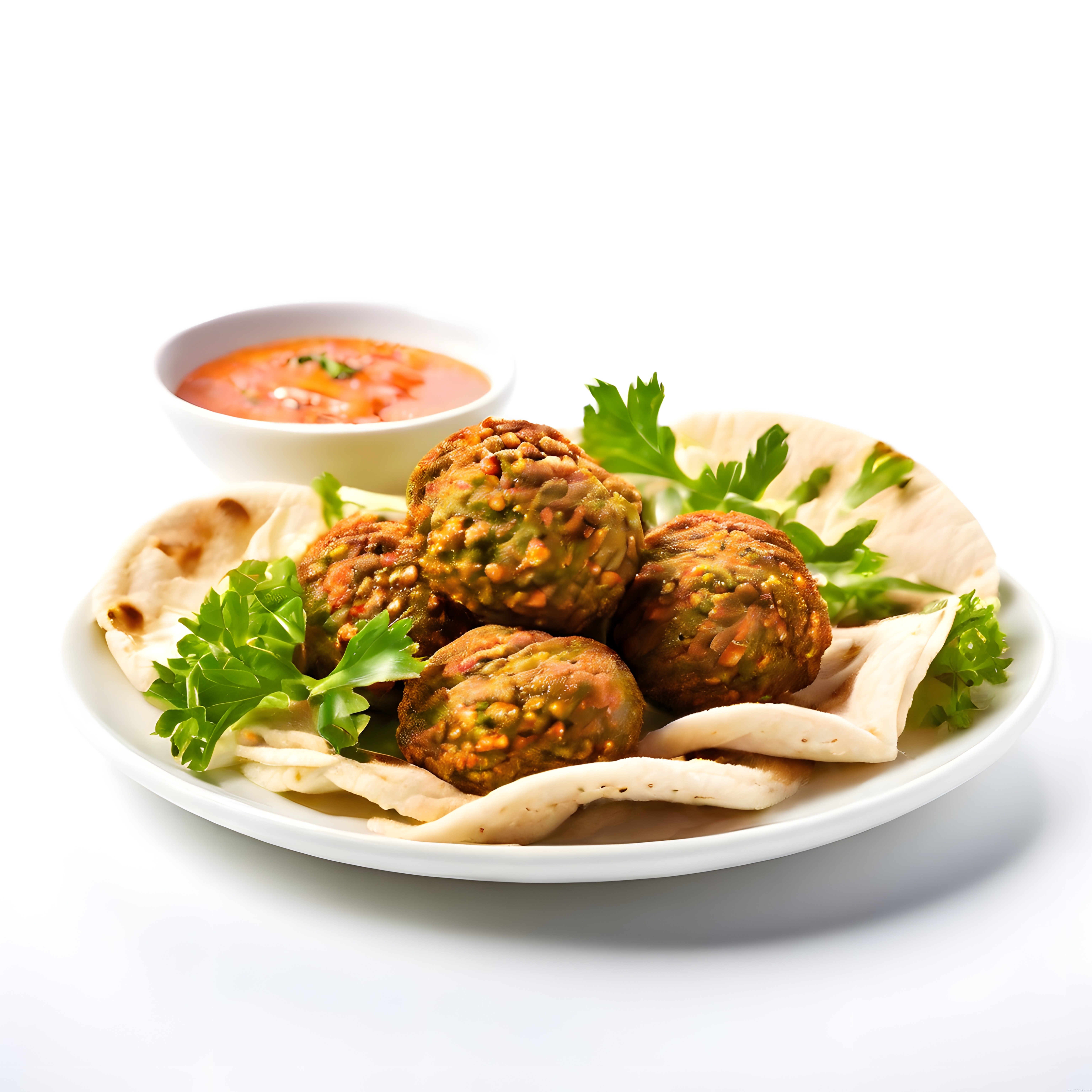 Beyaz Stüdyo Arka Planında Lavaş Üzerinde Falafel Köfte ve Dip Sosu Sunumu