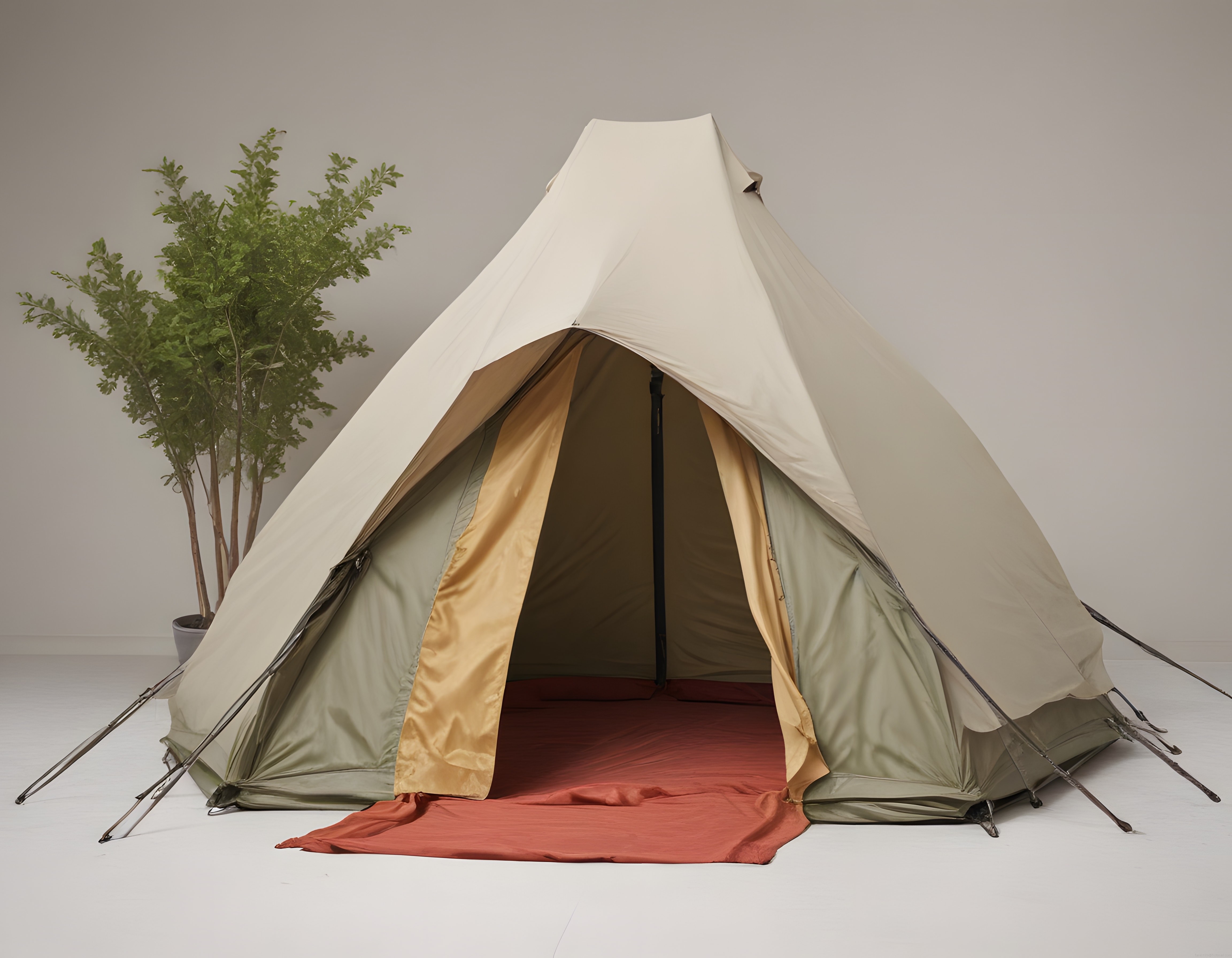 Beyaz Stüdyo Ortamında Konforlu Glamping Çadırı ve Saksı Bitkisi