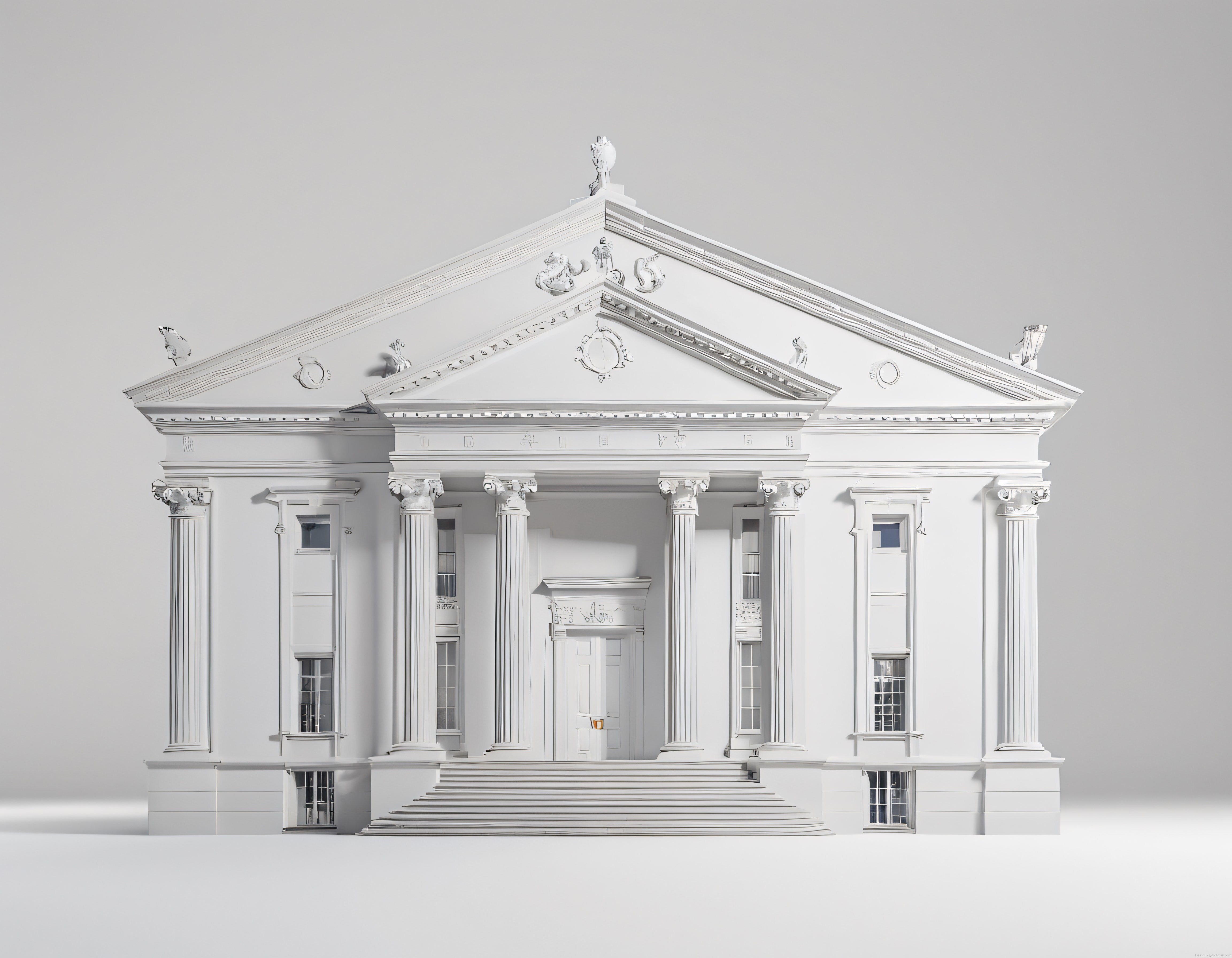 Beyaz stüdyo ortamında neoklasik mimari cephe 3d modeli ve render