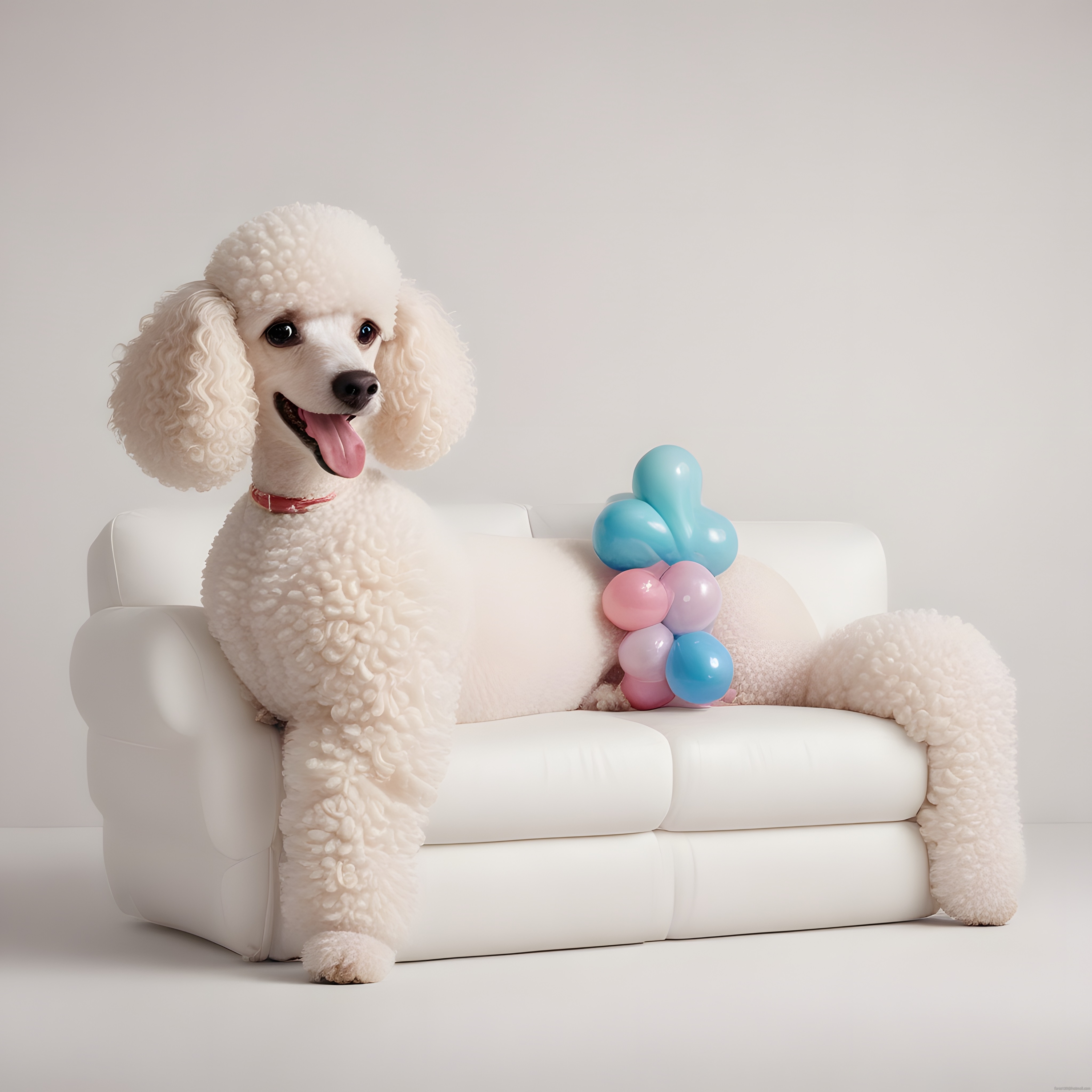 Beyaz stüdyoda balonlardan oluşan karnıyla koltukta oturan neşeli kaniş köpek