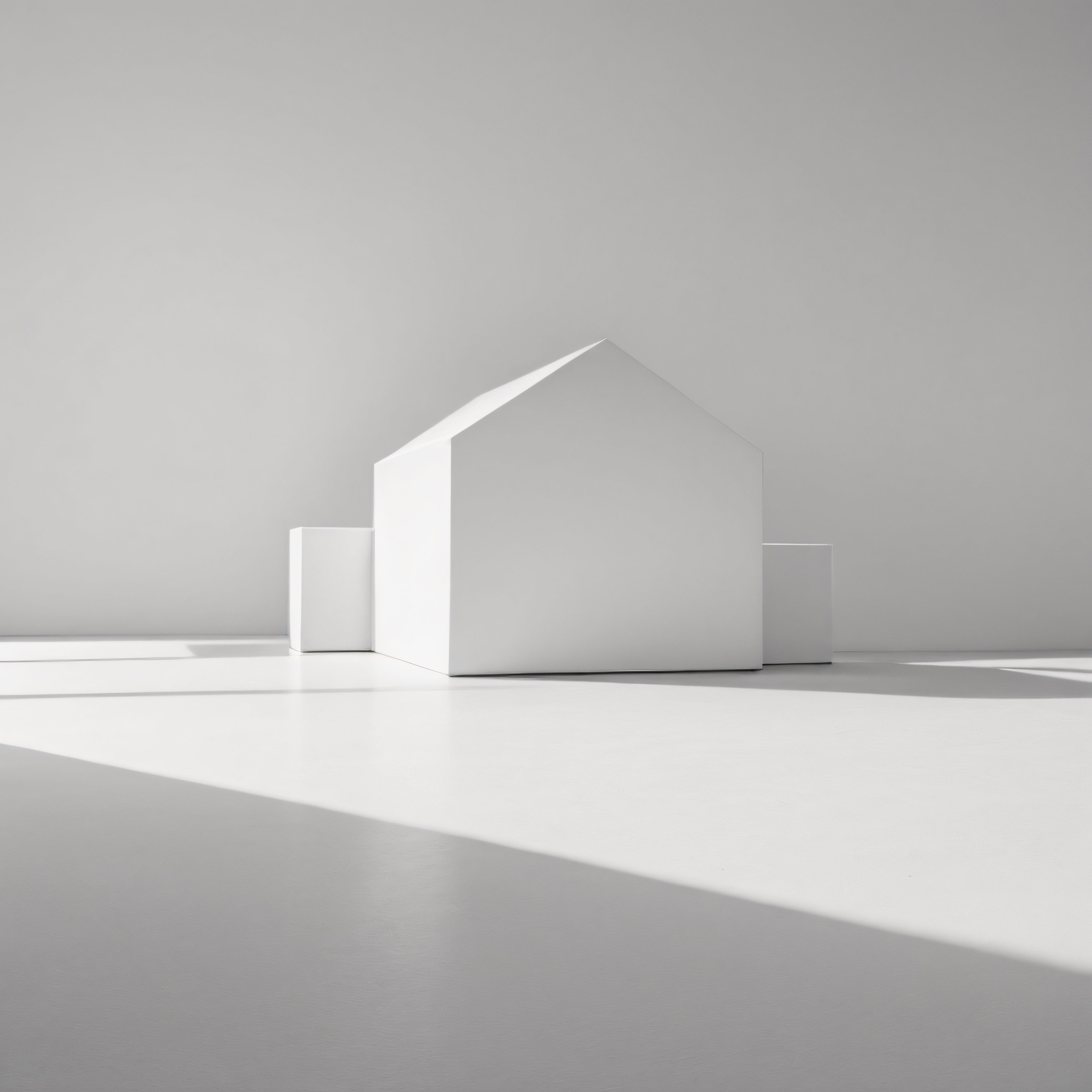 Beyaz Stüdyoda Geometrik Ev Formunda Minimalist Prizmaların 3D Render Sanatı