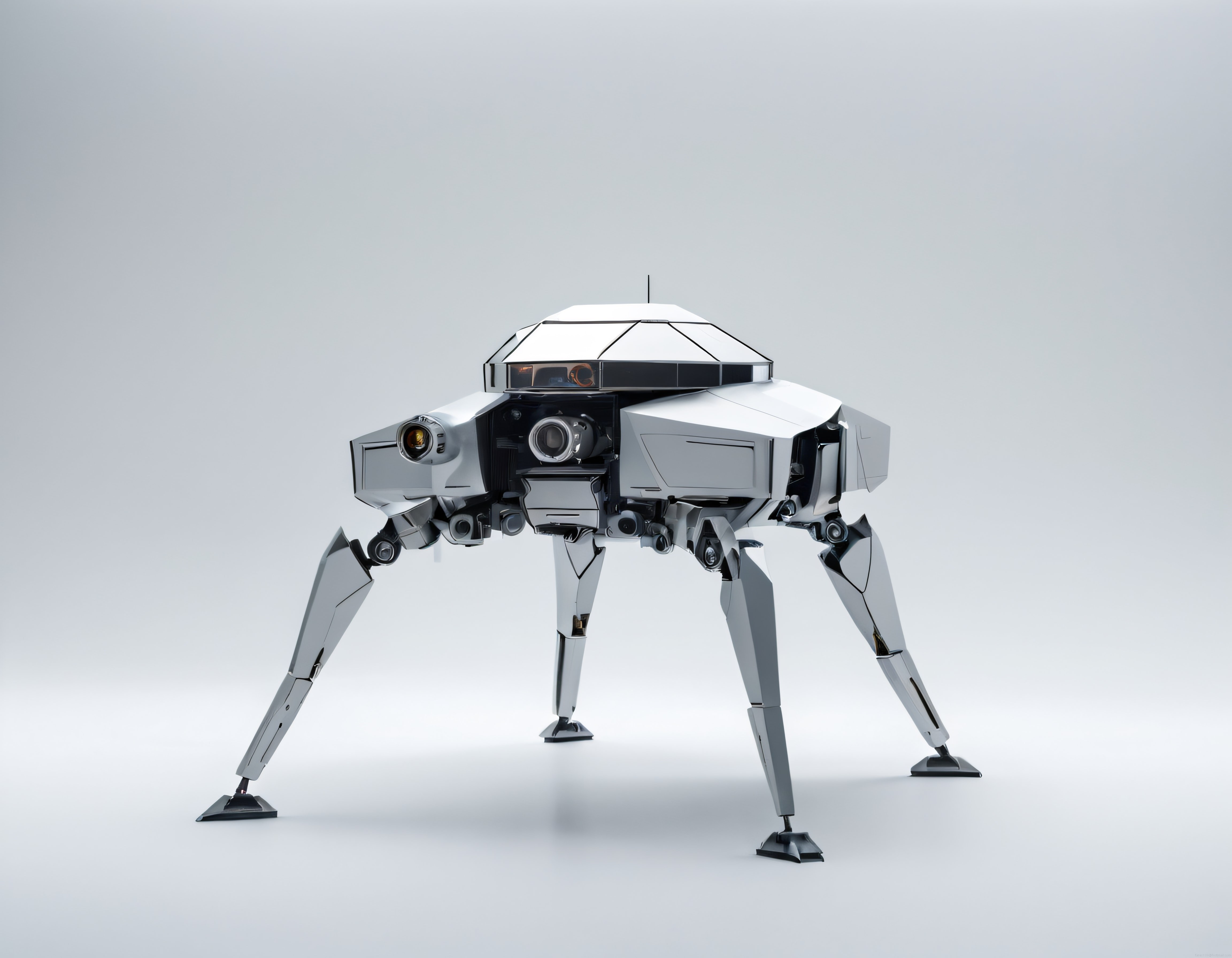 Beyaz Stüdyoda Gri Kubbeli Çok Ayaklı Fütüristik Robot Tasarımı