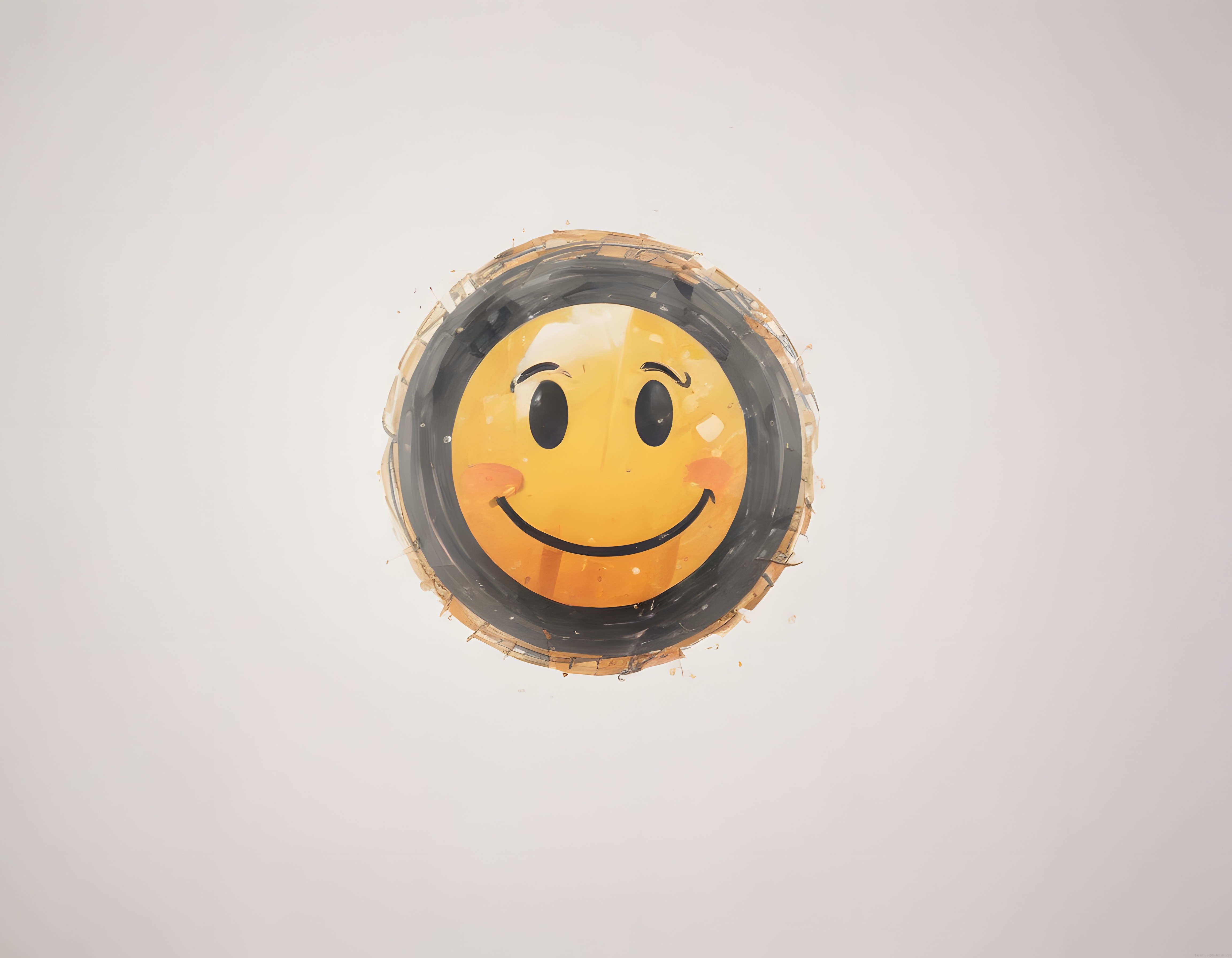 Beyaz stüdyoda parçalanmış çerçeveli gülümseyen sarı smiley yüz