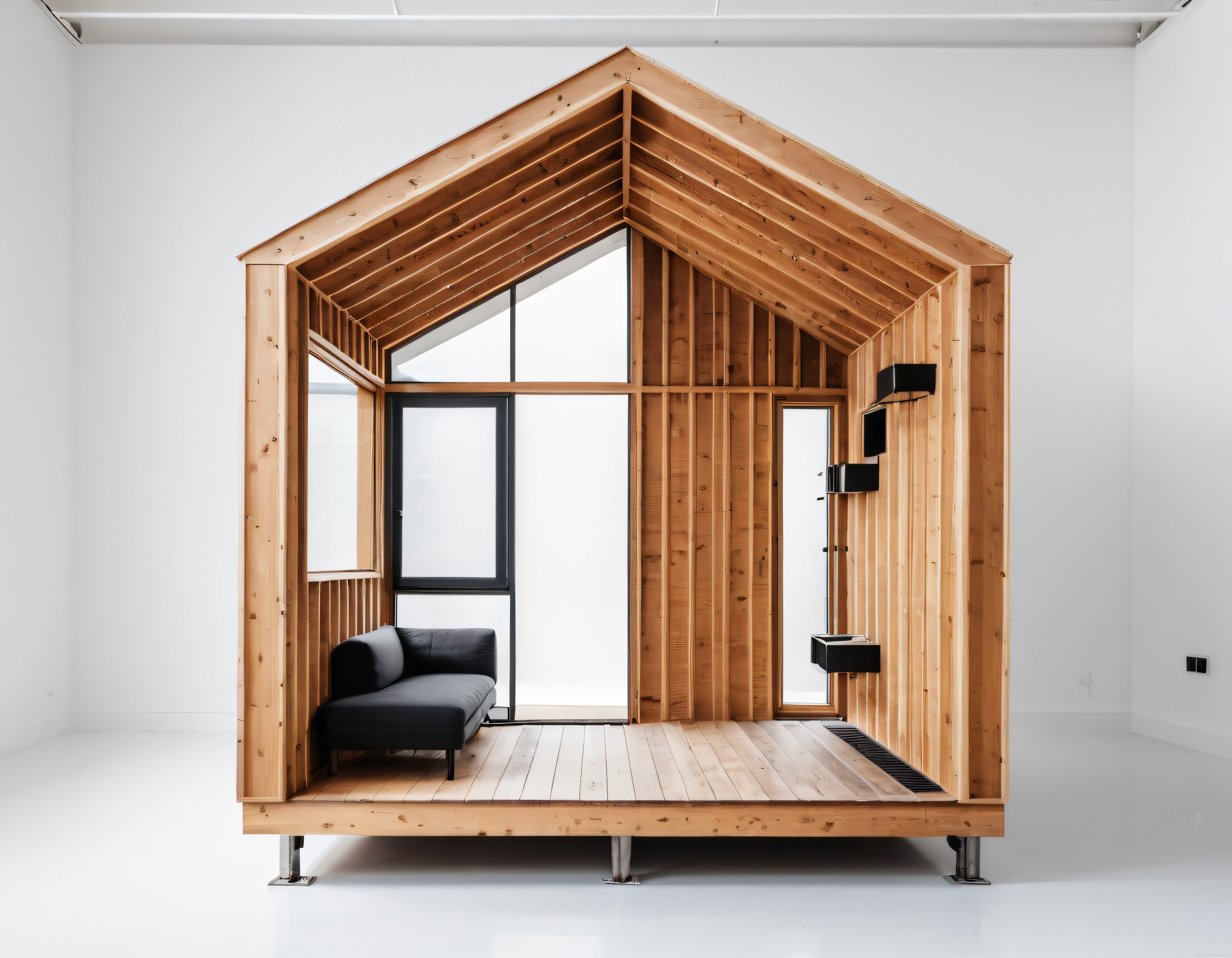 Beyaz Stüdyoda Sergilenen Modern Ahşap Kabin ve Minimalist Yaşam Alanı