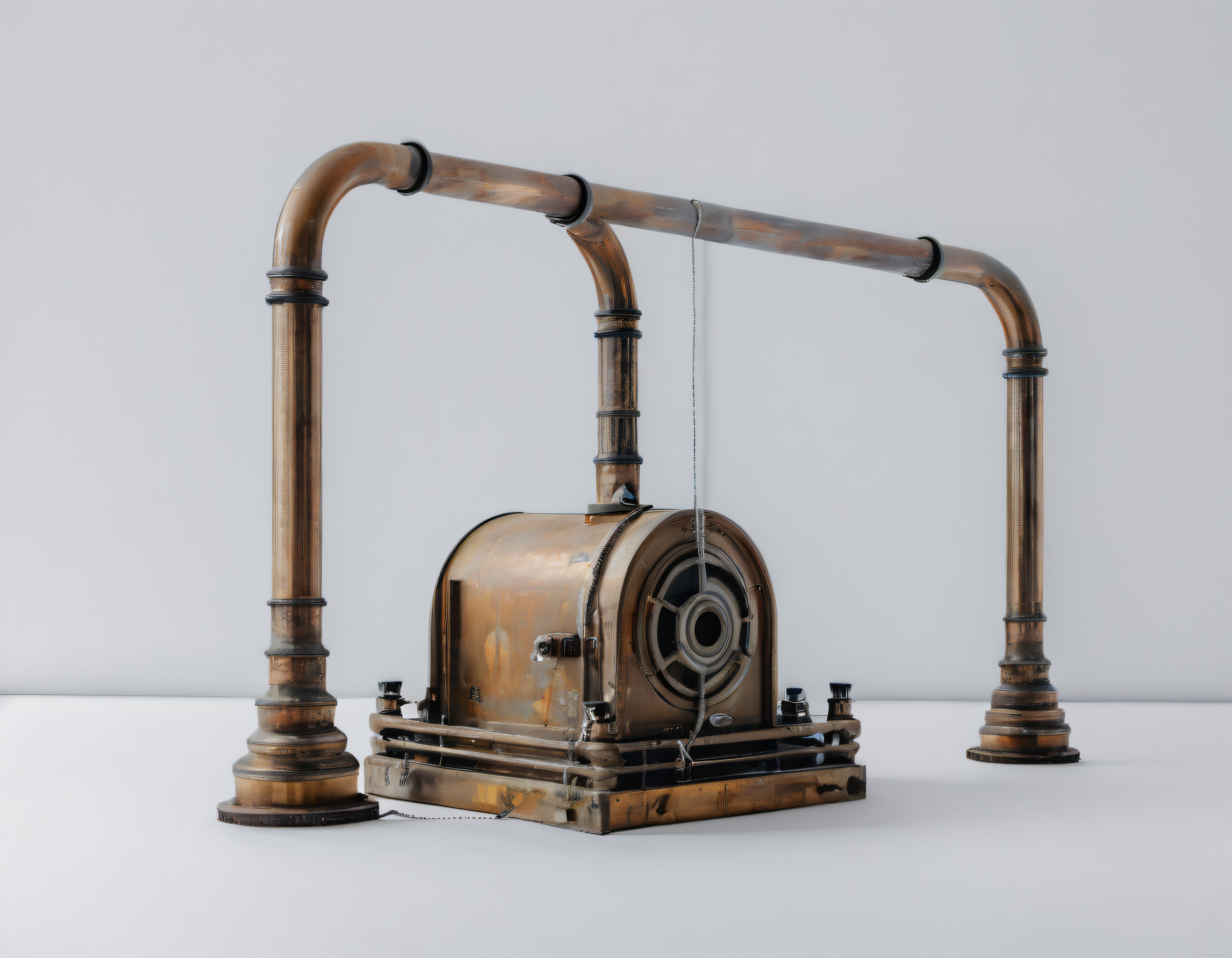 Beyaz stüdyoda steampunk bakır boru ve kazandan oluşan endüstriyel obje