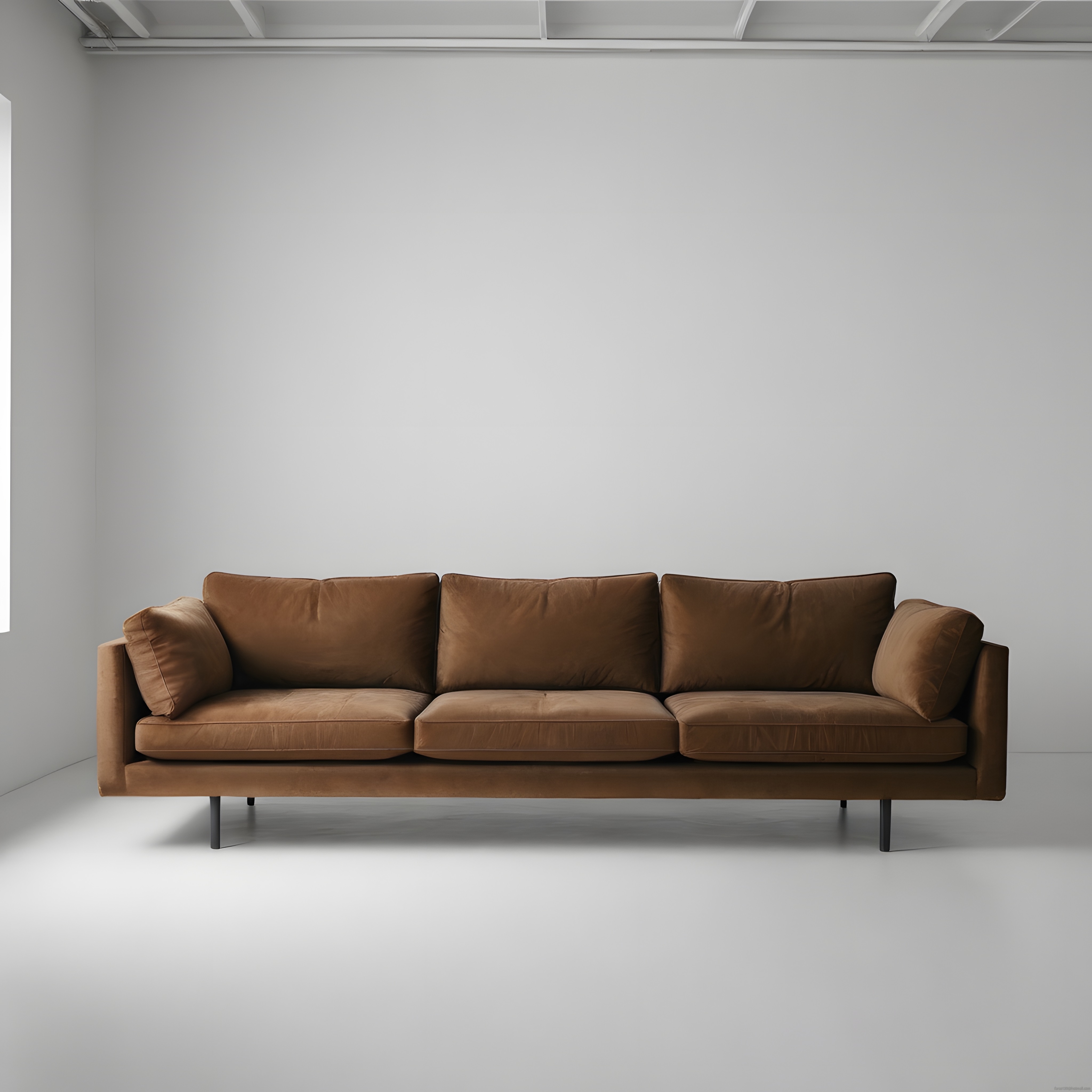 Beyaz Stüdyoda Taba Üçlü Kadife Kanepe ile Modern Minimalist İç Mekan Tasarımı