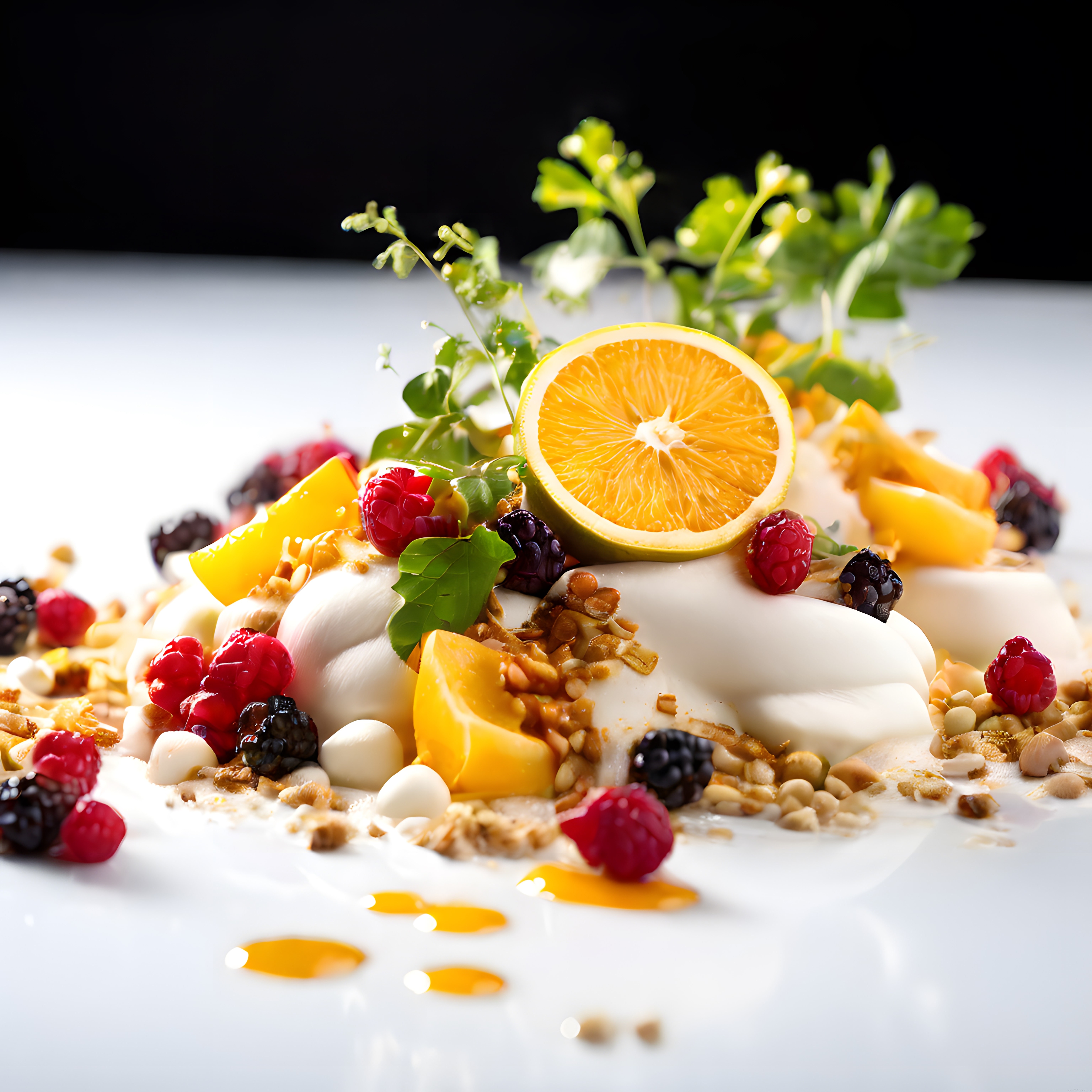 Beyaz Sunum Tabağında Orman Meyveli ve Fındıklı Gourmet Tatlı