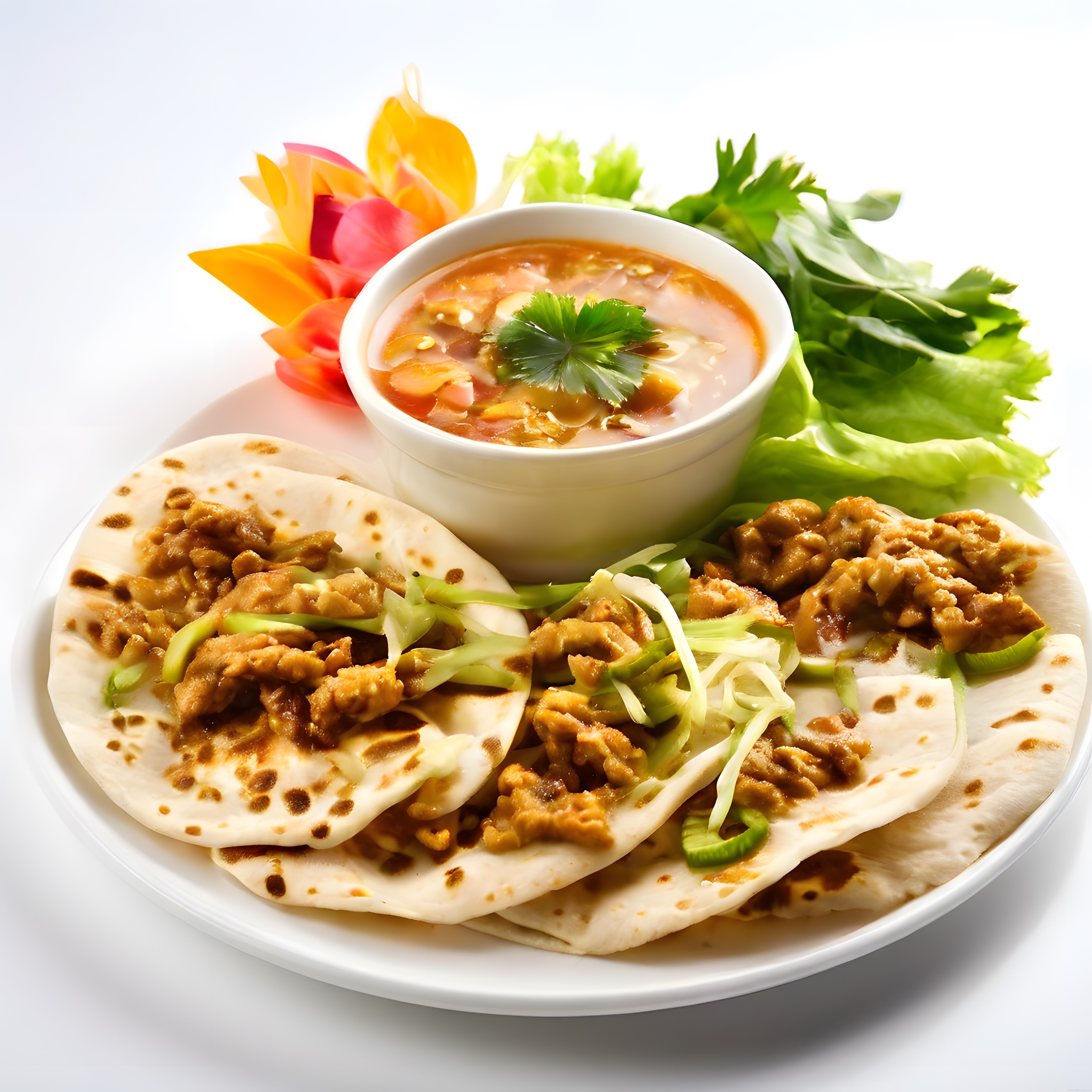Beyaz Sunum Tabağında Tavuklu Soslu Paratha ve Özel Dip Sosu Eşliğinde