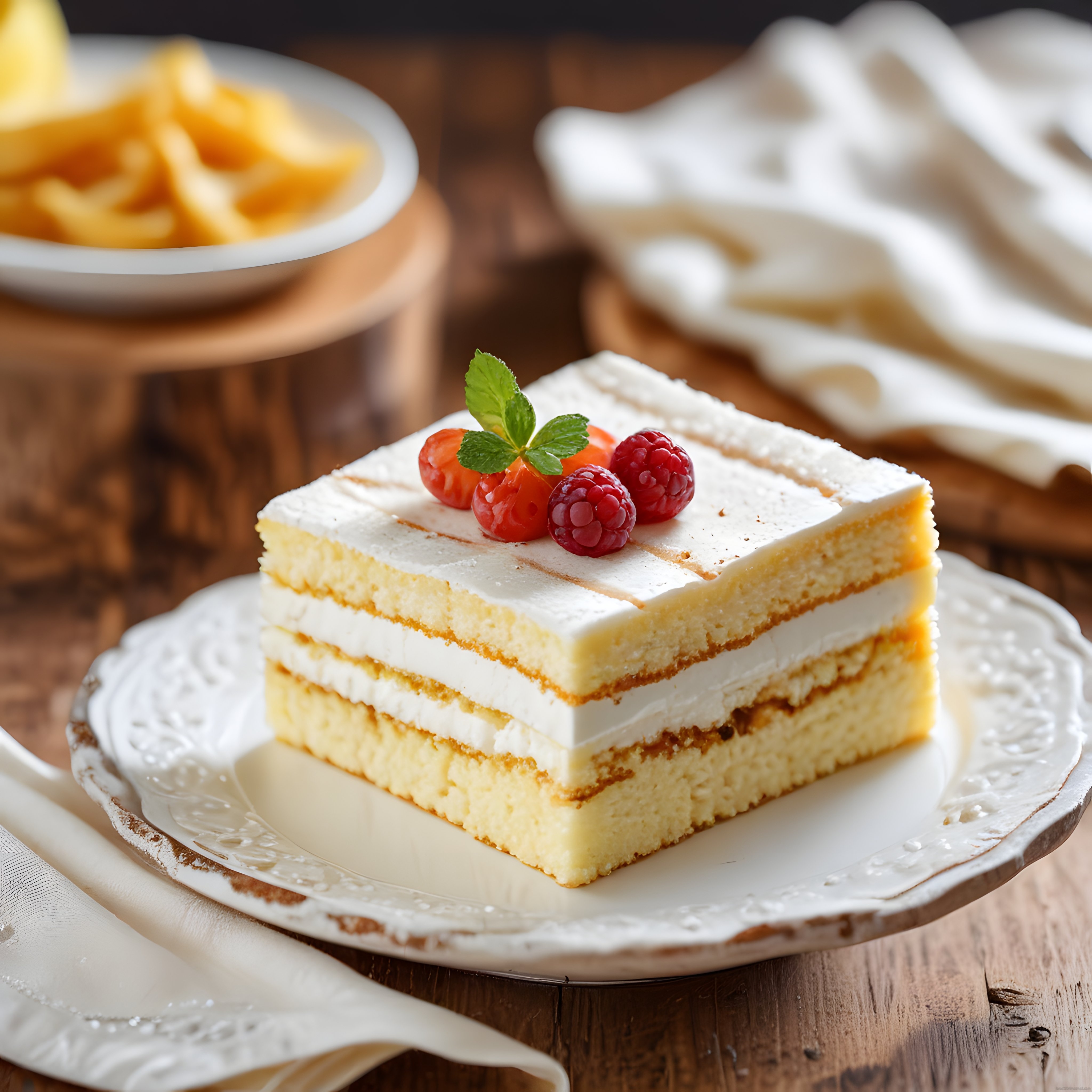 Beyaz Süslü Tabakta Orman Meyveli Katmanlı Krema Pastası Dilimi