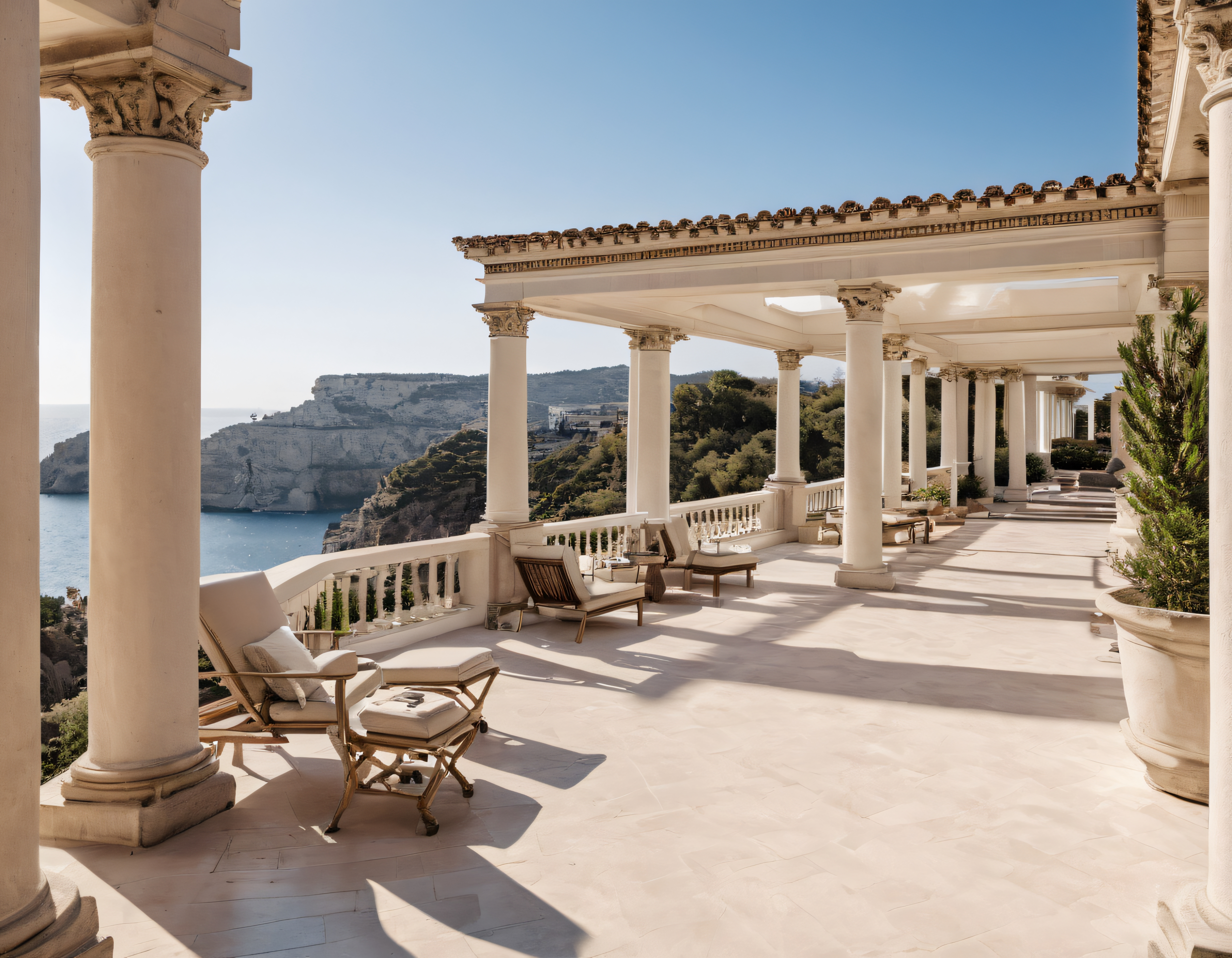 Beyaz Sütunlu Lüks Villa Terasında Büyüleyici Akdeniz Deniz Manzarası
