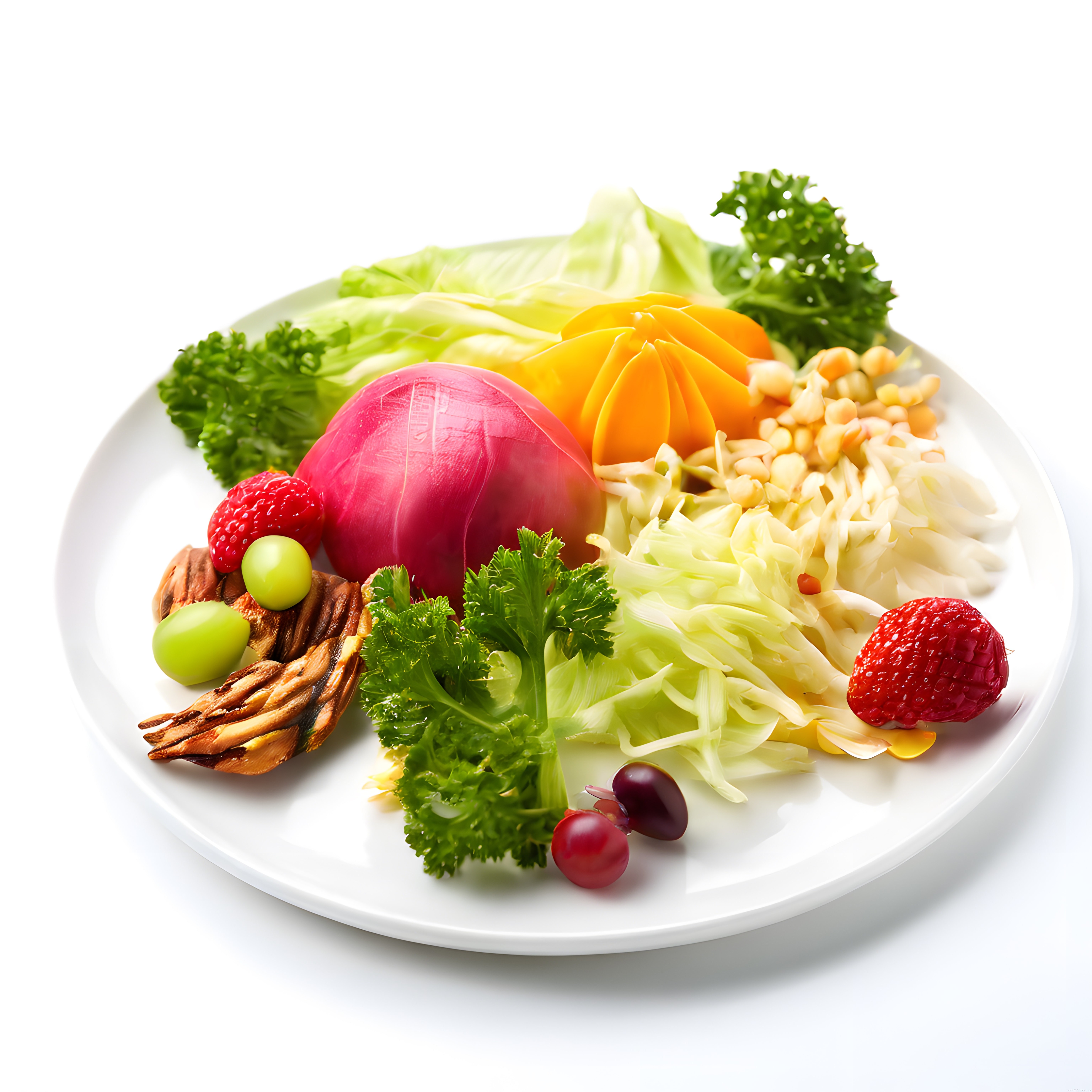 Beyaz Tabağa Özenle Yerleştirilmiş Renkli ve Sağlıklı Salata Sunumu